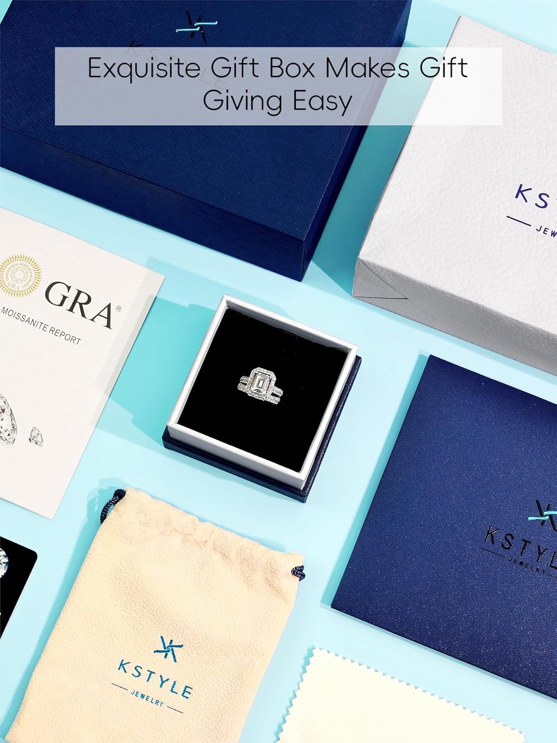 KSTYLE Total 3-4ct Center Stone 1/2/3ct Moissanite Wedding Set Rings for Women (D Color-VVS1 | Emerald/Round Cut) 14K White Gold Plated S925 Sterling Silver Bridal Sets for Wife