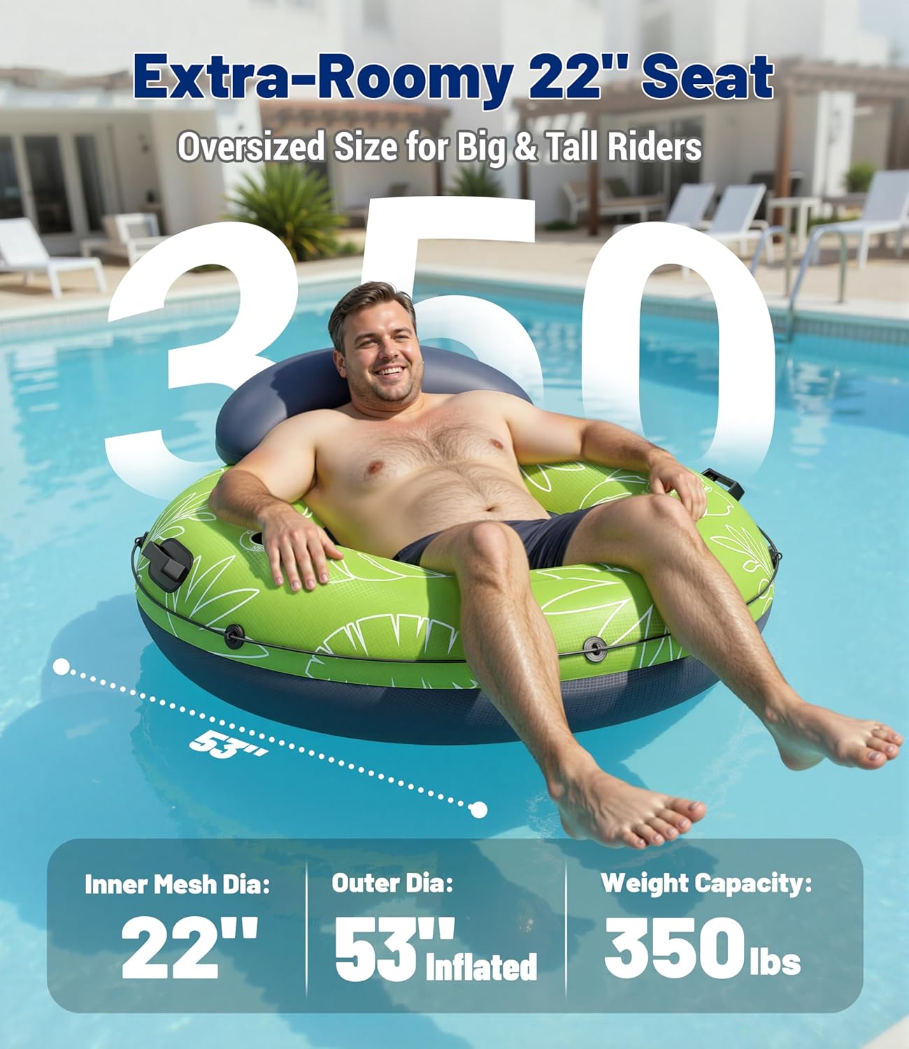 JOSEN River Floats for Adults Heavy Duty 350lb, XL River Tubes for Floating - 53" Large Pool Floats Adult with 2 Cup Holders, Inflatable Floating Tube, River Run Tube Lake Water Tubes