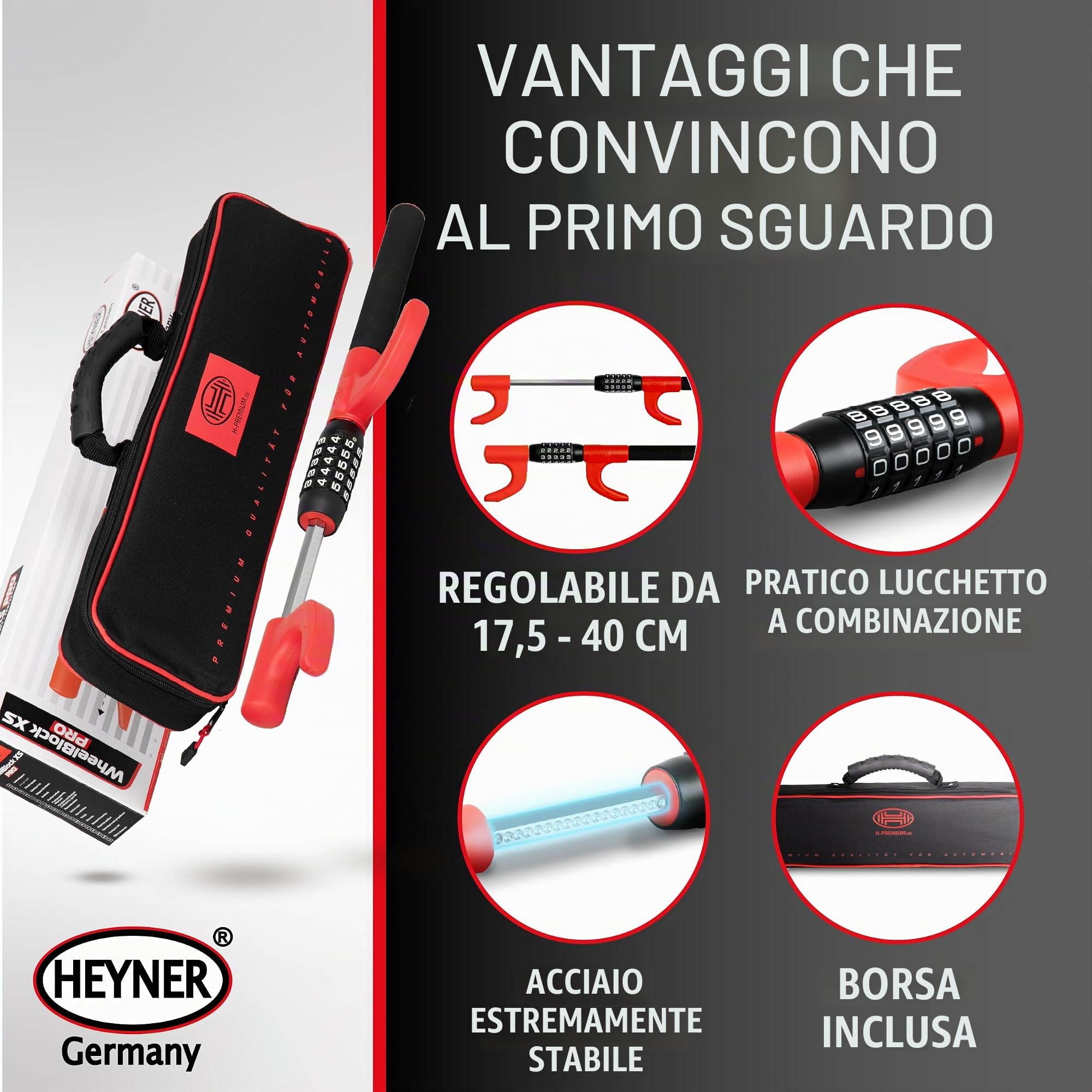 HEYNER® Blocco volante con serratura a combinazione, compatto, immobilizzatore, protezione antifurto per auto