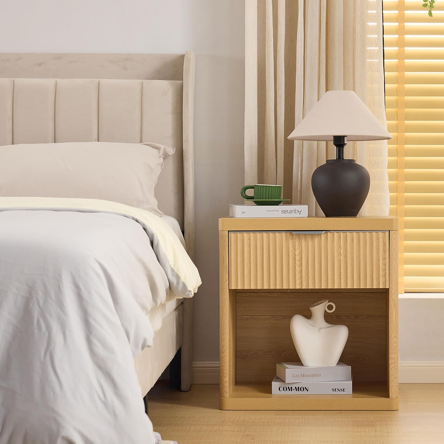 Lab Cosi NightStand,Night Stand with Drawer Storage,Larger Modern Bed Side Table,Fluted Nightstand with Handle,Wood End Table Mid Century Night Stands for Bedroom Living Room Sofa Office