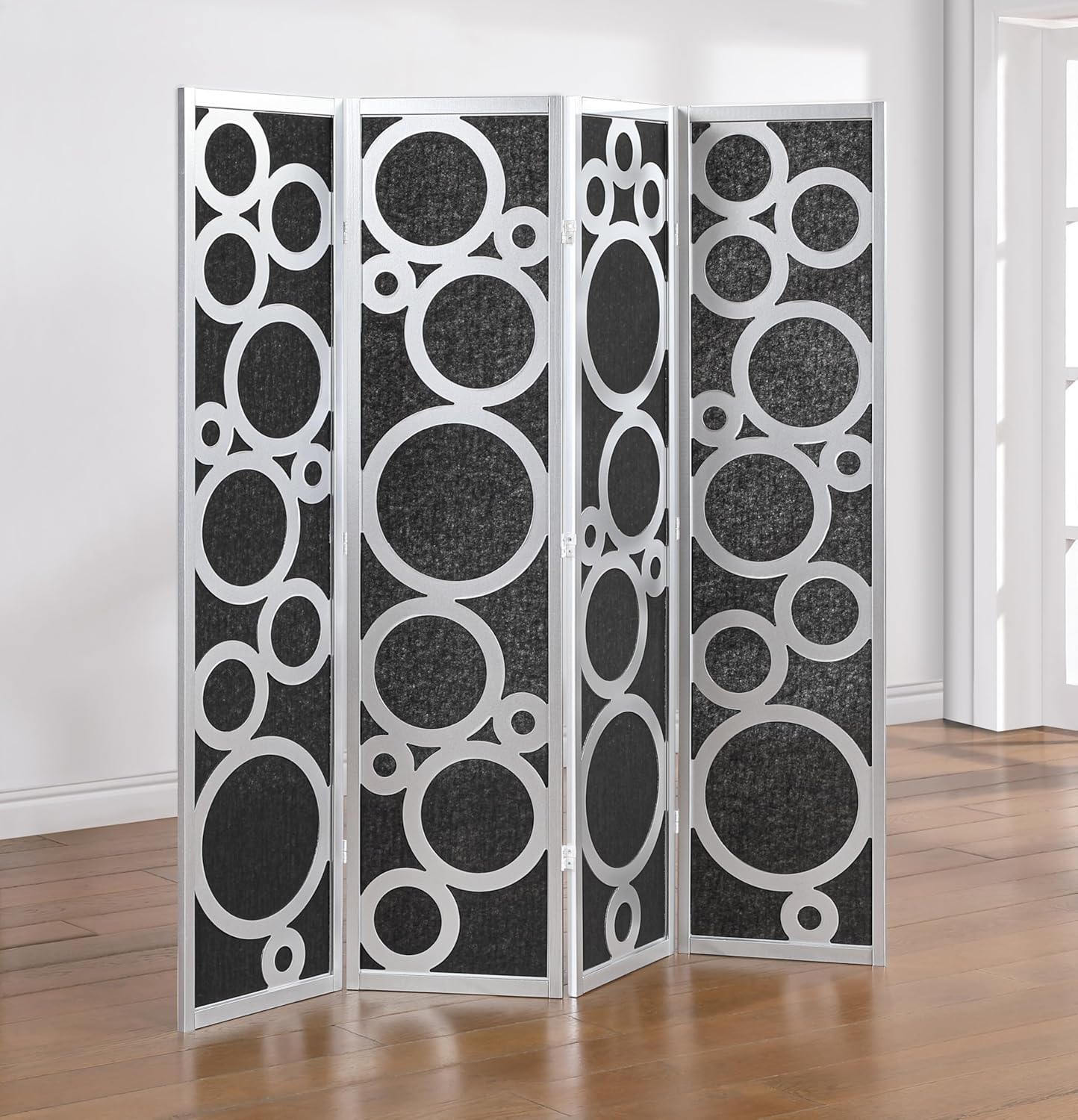 Roundhill Furniture Tavari 4-Panel Room Divider, Decorative Folding Freestanding Privacy Screen, Silver