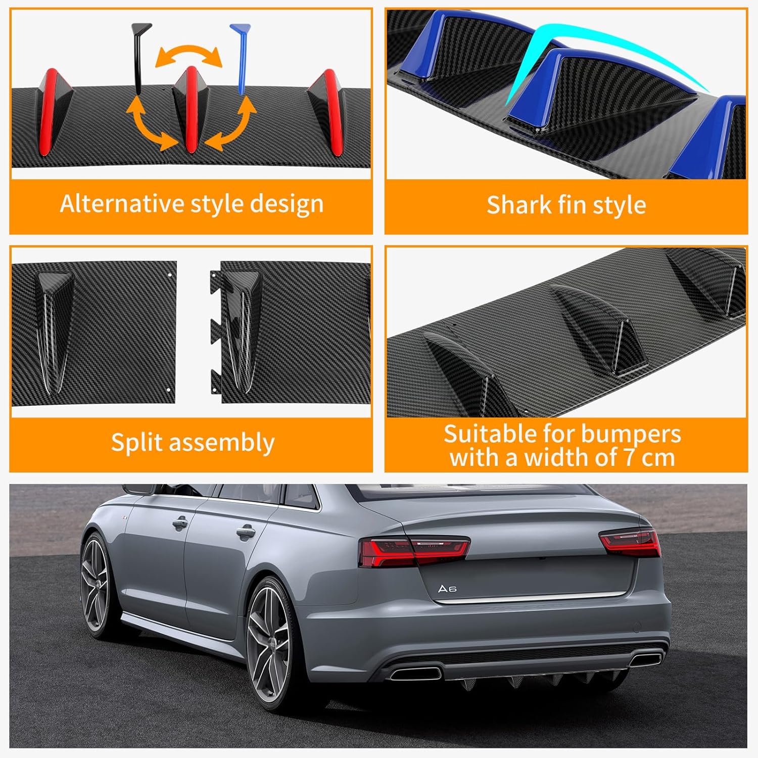 31.5" Universal Rear Diffuser, 3 Colors-Upgraded Detachable Shark Fins Rear Bumper Diffuser Lip Compatible with Honda Civic Accord VW Lexus Dodge Charger Toyota Corolla Nissan Altima Audi