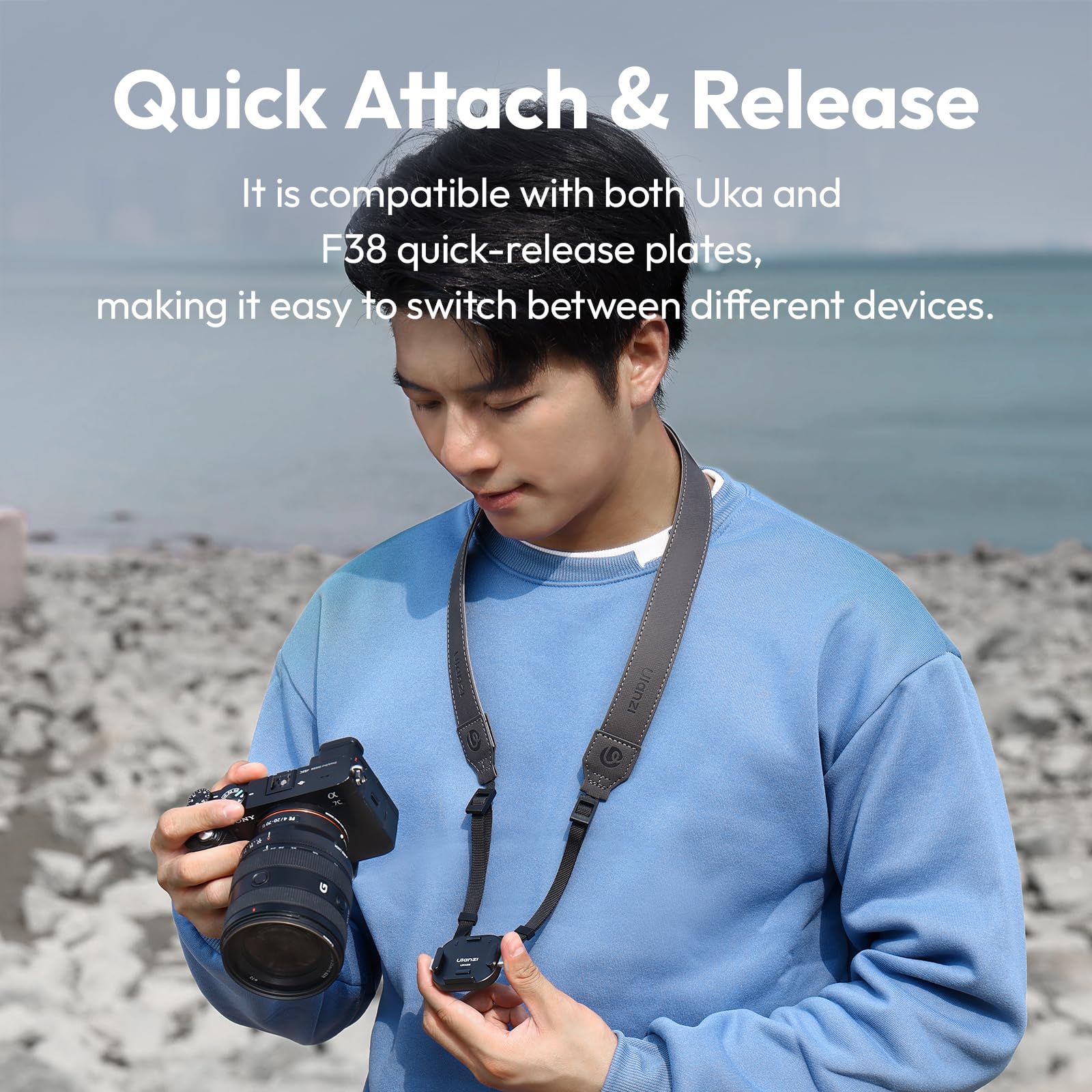 ULANZI UKA06 Plaque à Dégagement Rapide pour Sangle d'appareil Photo, Plateau de Fixation Rapide avec 140cm Sangle réglable, Anti-Desserrage, Compatible avec Uka & F38 pour DSLR/Sony/Nikon, 10kg Max