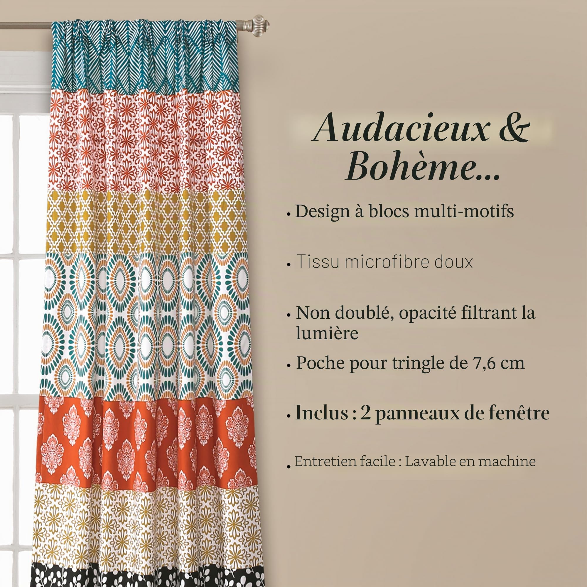 Lush Decor Paire de Rideaux de fenêtre à Rayures bohèmes, 213,4 x 132,1 cm, Turquoise et Orange