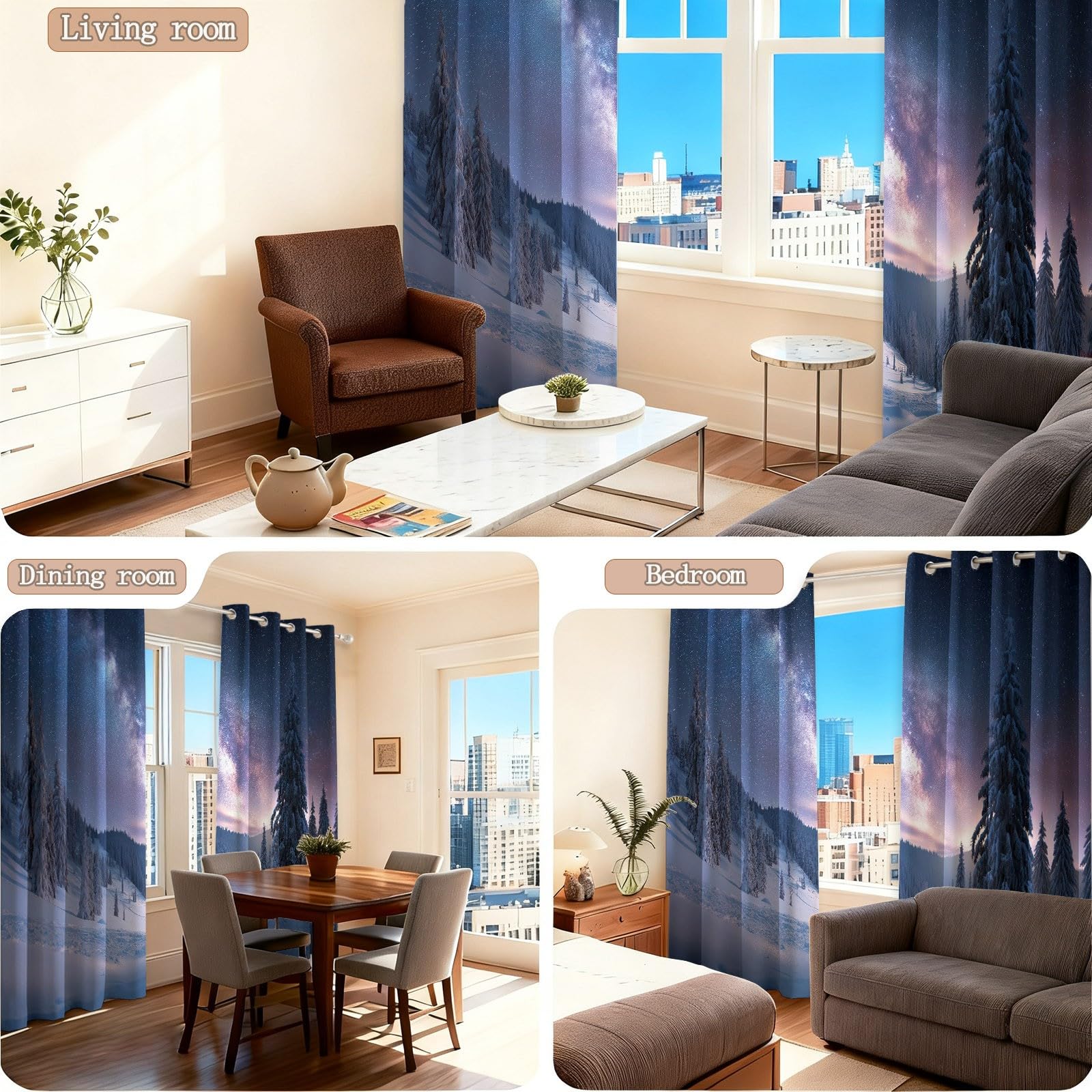 Natürliche Winterlandschaft Mit Schnee Bäume Design Blickdichte Vorhänge H215 x B110 cm (2er Set), Kälteschutz für das Standard-Schlafzimmer, Dunkelblau