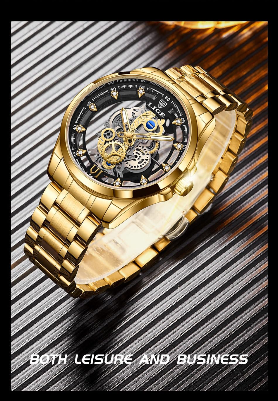 MASTOP Orologio da uomo al quarzo trasparente con diamanti, in acciaio inox, impermeabile, con scheletro, orologi al quarzo da uomo