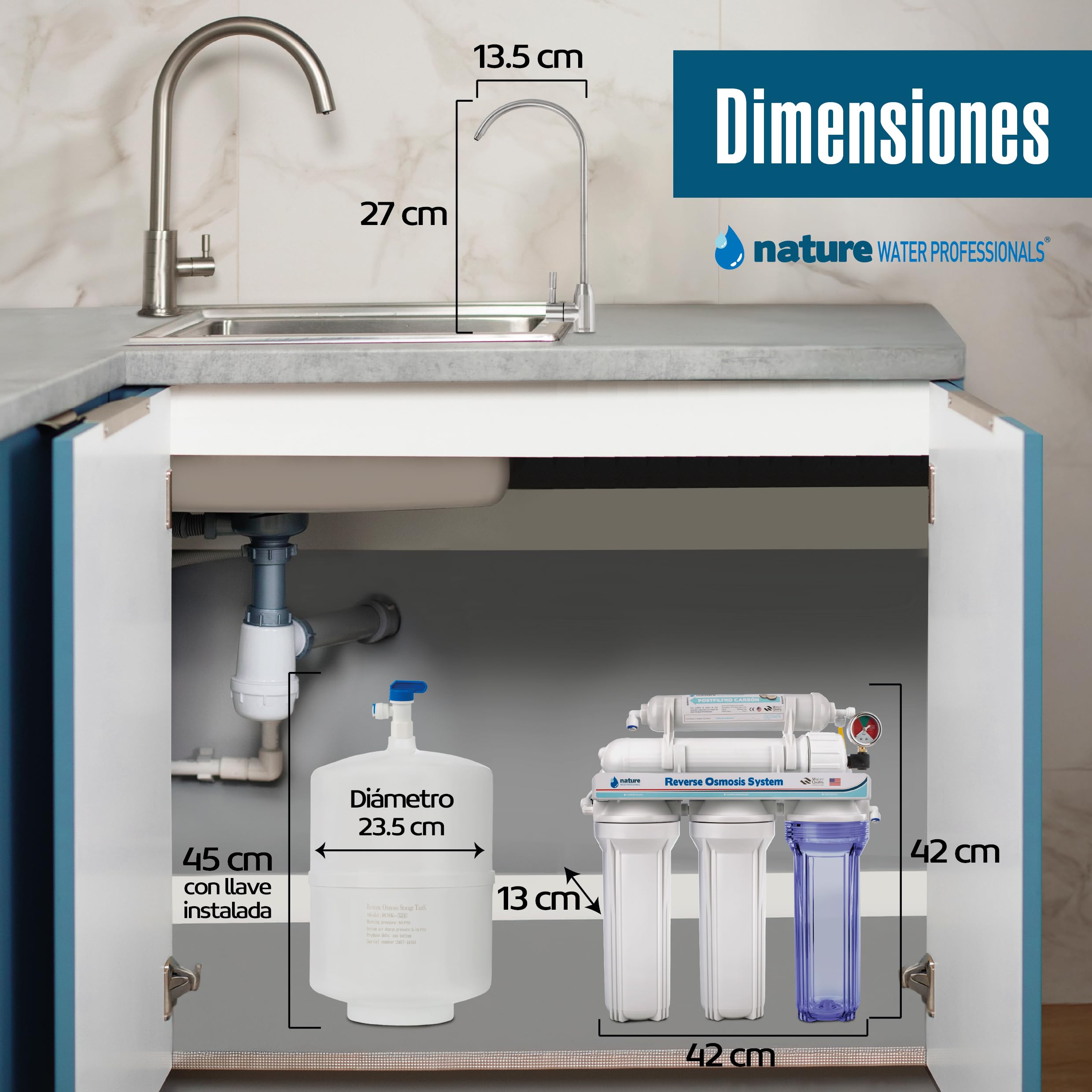 NATURE WATER PROFESSIONALS Equipo de Osmosis Inversa Doméstico, 5 Etapas, Grifo Acero Inoxidable, Depósito 6 Litros, Membrana 75GPD, Filtros, Accesorios
