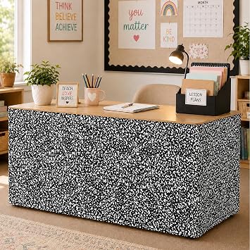 6FT Black and White Composition Table Skirt Teacher Desk Curtain Skirts for Classroom Decorations Rectangle Table Cover Skirt for Back to School Party Supplies Kindergarten Office Bookcase Cabinet