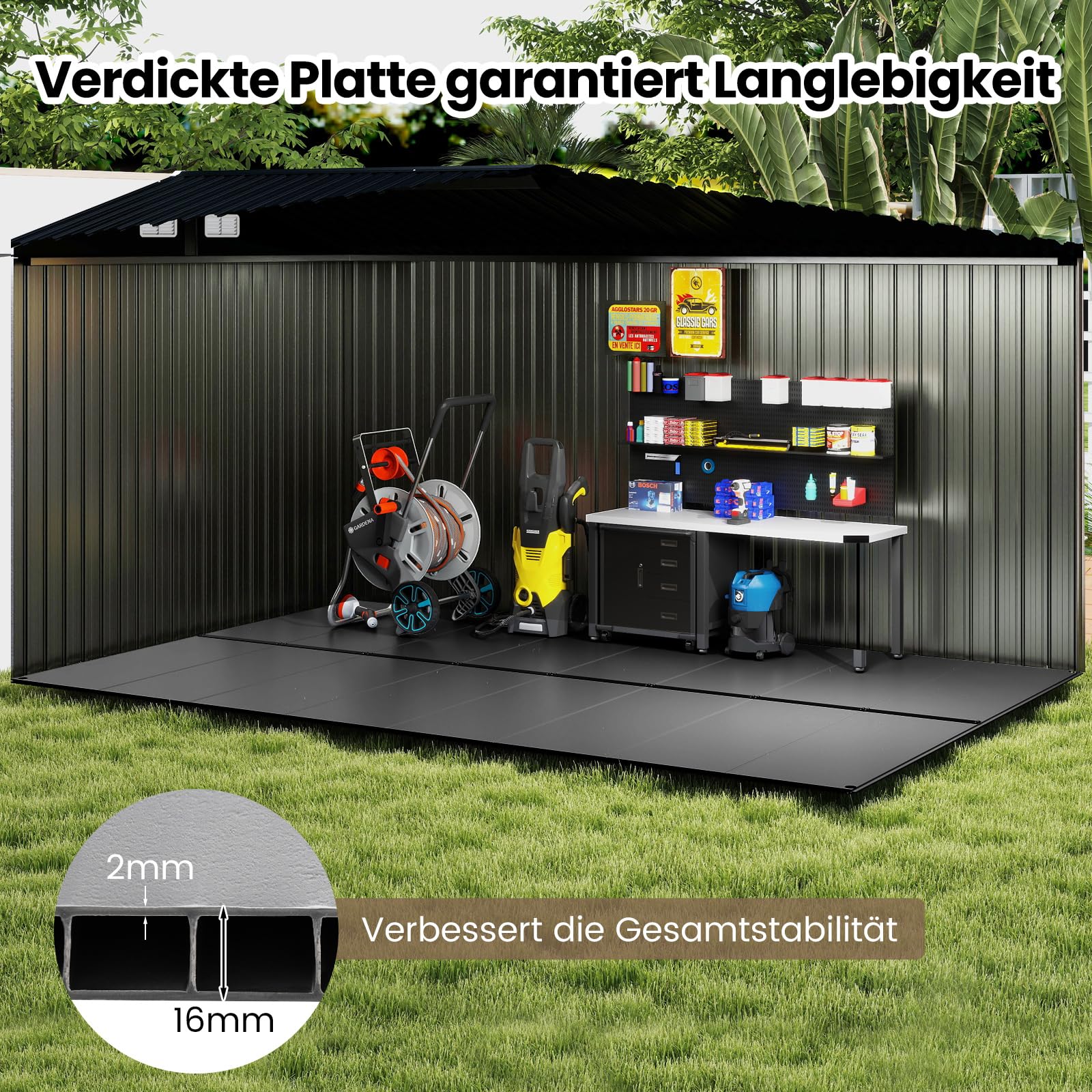 COSTWAY Bodenplatte für Geräteschuppen, 343 x 215 cm Gartenhaus-Fundament mit Rutschfester Oberfläche, verstärkte Streifen, Boden für Gerätehaus