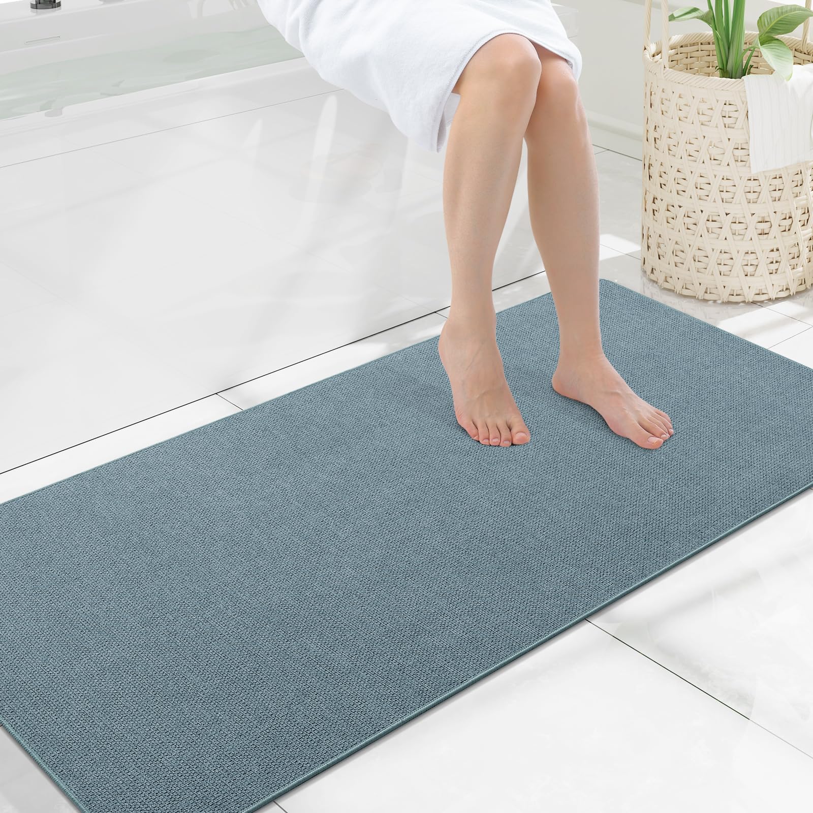 Smiry Ultra Thin Bath Mat 47x20, Non Slip Rubber Washable Bathroom Rugs