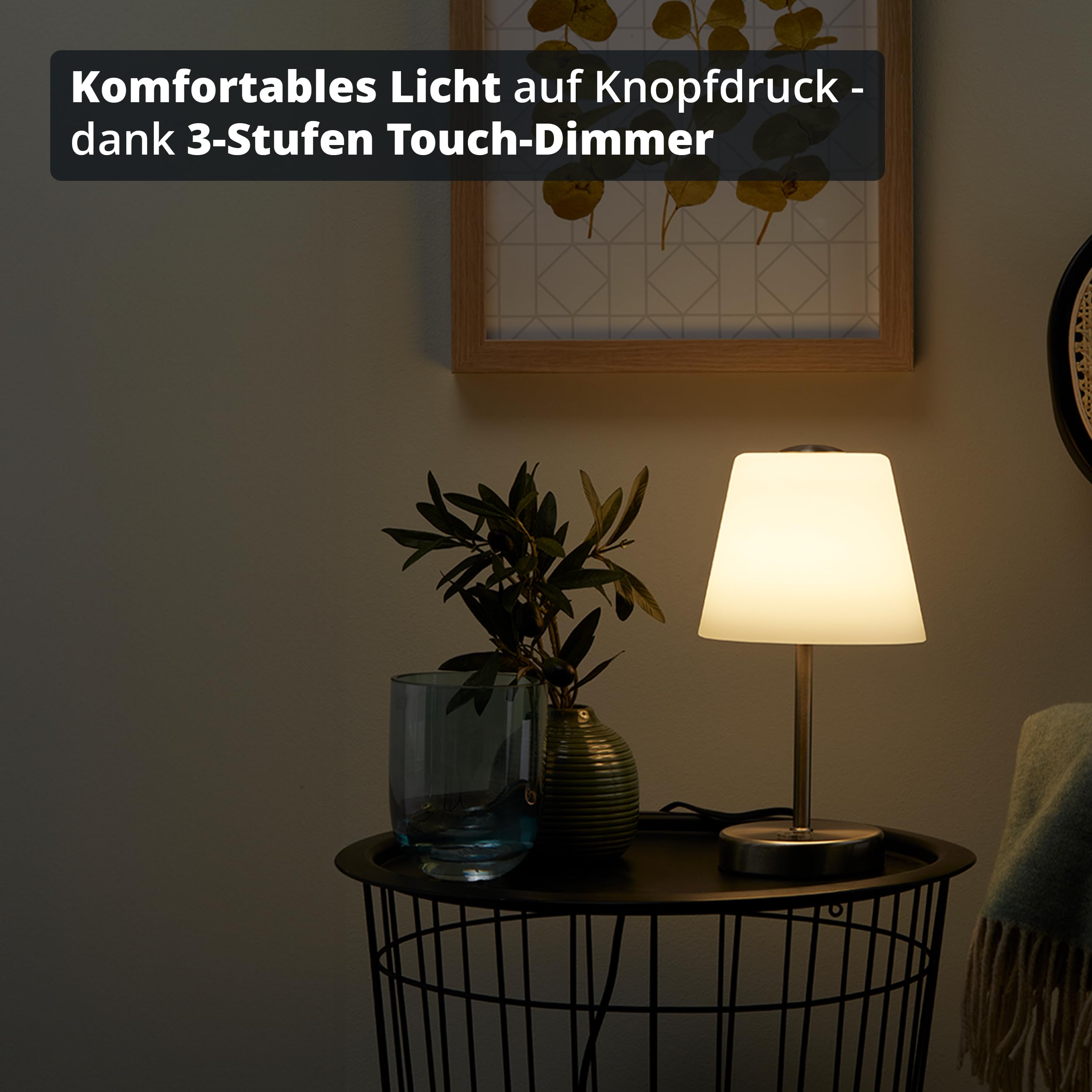 KHG LED-Tischleuchte in Nickel-Matt mit Alabasterglas-Schirm - 3-Stufen-Touchdimmer für individuelle Helligkeit - Energieeffizient & langlebig - 25,5 cm Höhe - Ideal für Nachttisch & Schreibtisch