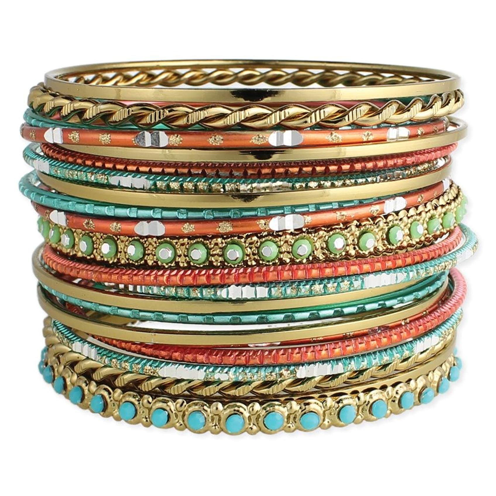 Zad JewelrySet of 22 Golden, Turquoise & Coral Bangle Bracelets