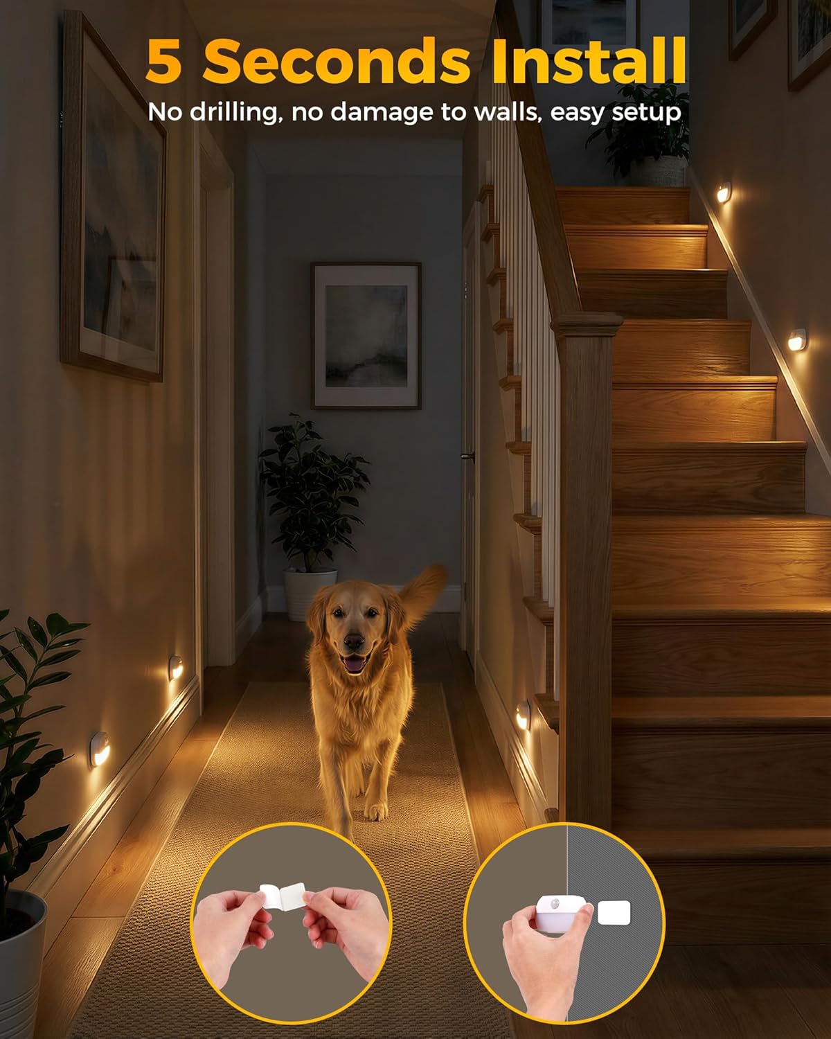 8 Pack Battery Motion Sensor Stair Lights, Indoor Hallway Light, Wireless Step Night Light, Battery Operated LED Toilet Lights for Stairway Closet Bedroom Bathroom