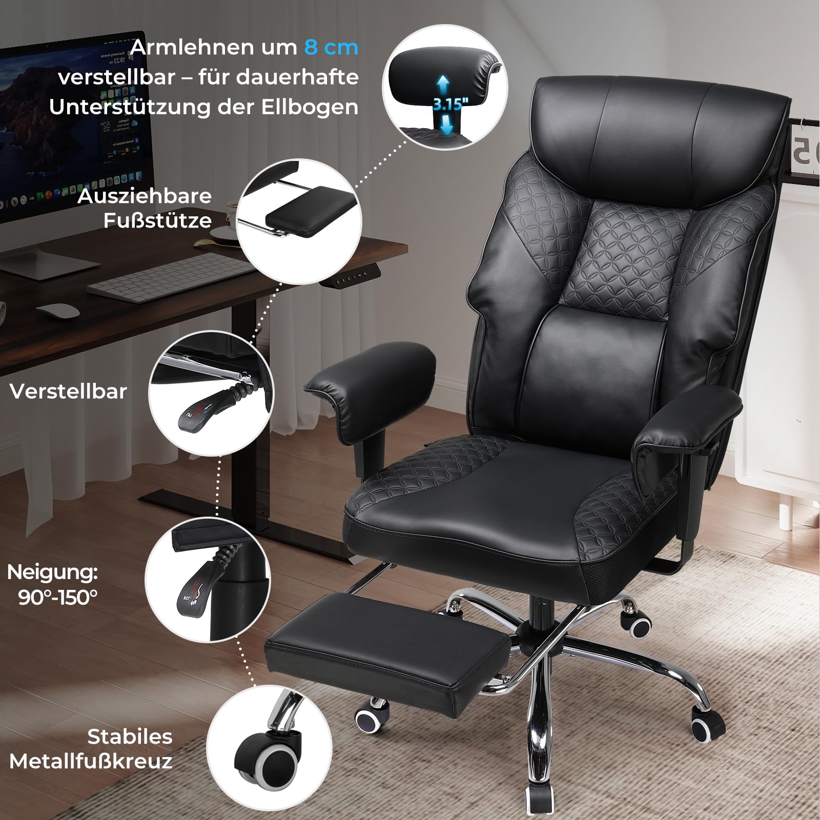 COMHOMA Gaming Stuhl für Große und Schwere Personen, ergonomischer Bürostuhl bis 180 kg, 3D Sitzkissen, verstellbar mit Fußstütze, PU-Leder, hoher Komfort für Büro & Gaming Schwarz