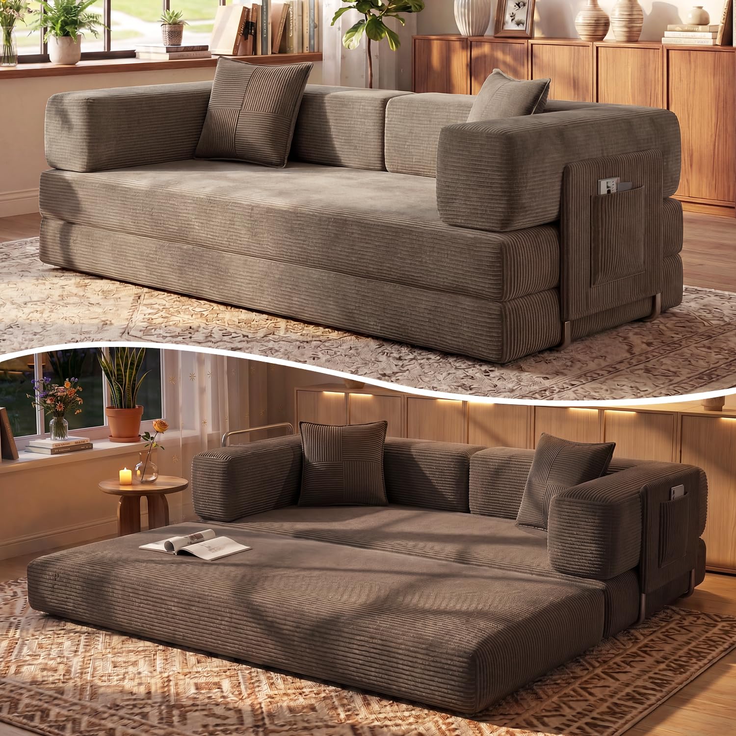 79" Convertible Futon Sofa Bed, Boneless Couch for Living Room | Modular Boneless Sleeper Sofa, Corduroy Pull Out Floor Couch Loveseat with Storage Pocket, No Assembly, Brown