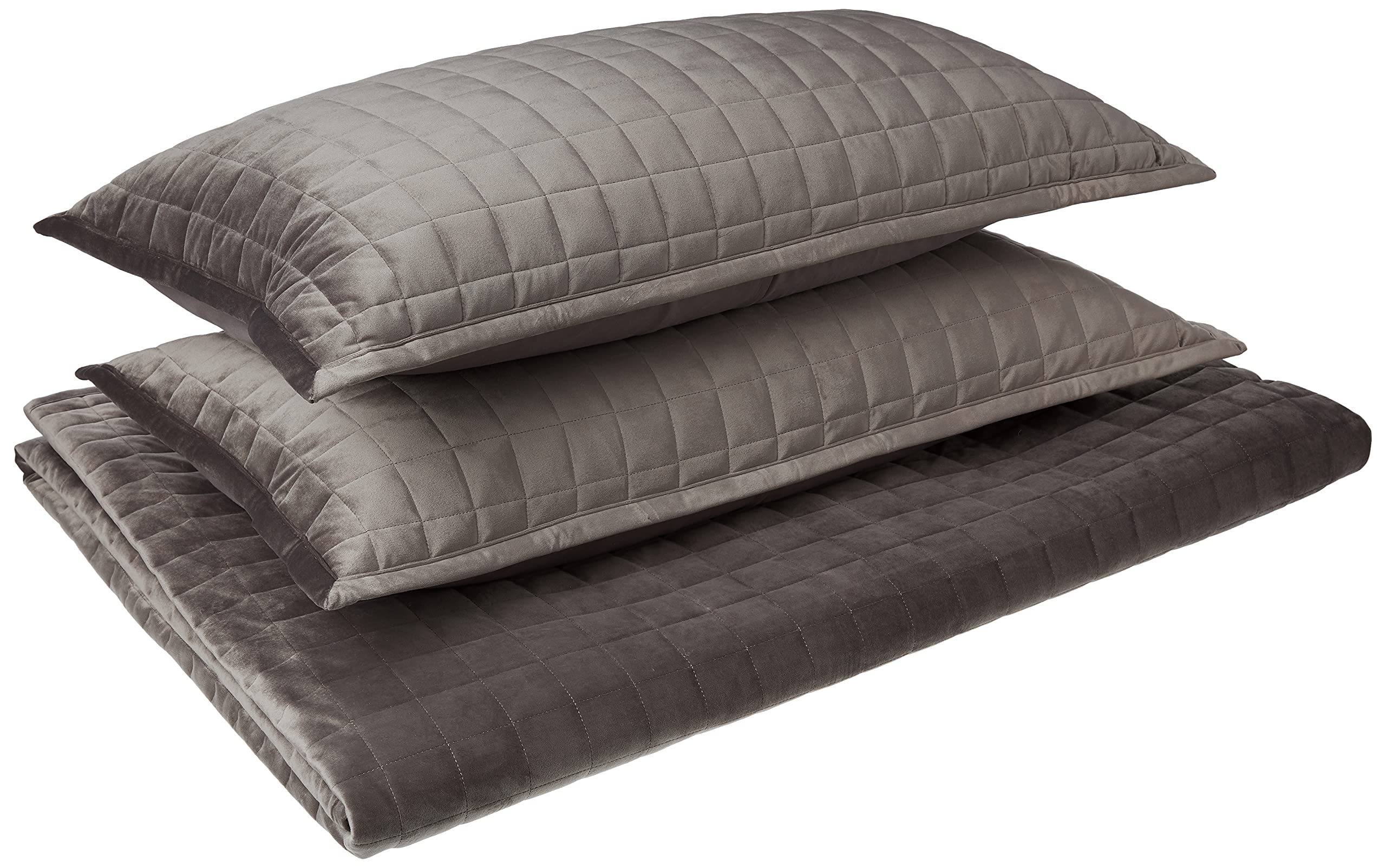 Tribeca Living Velvet King Quilt Set, Three-Piece Box Stitch Bedding, Includes Oversized Quilt & Two Shams, 260GSM Super Soft Velvet, Smoke Grey