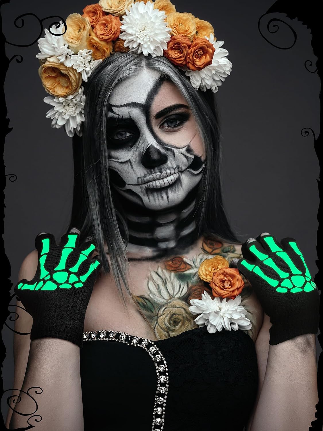 Bencailor 2 Pairs Skeleton Knitted Skull Gloves Glow in The Dark Fingerless Gloves Cosplay Costume Accessories