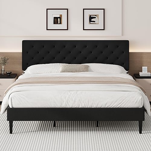 Miniatura 23 de BarnFurin Base de cama Queen, plataforma tapizada con cabecera capitoné con botones, camas de tela tamaño Queen con soporte de listones de madera,