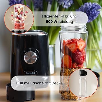 Blender Smoothie 500 W 4 Stainless Steel Blades 600 ml Blend & Go Bottle 2 Speeds + Pulse Function Non-Slip Base Overheating Protection Stand Mixer for Smoothies Protein Shakes Black