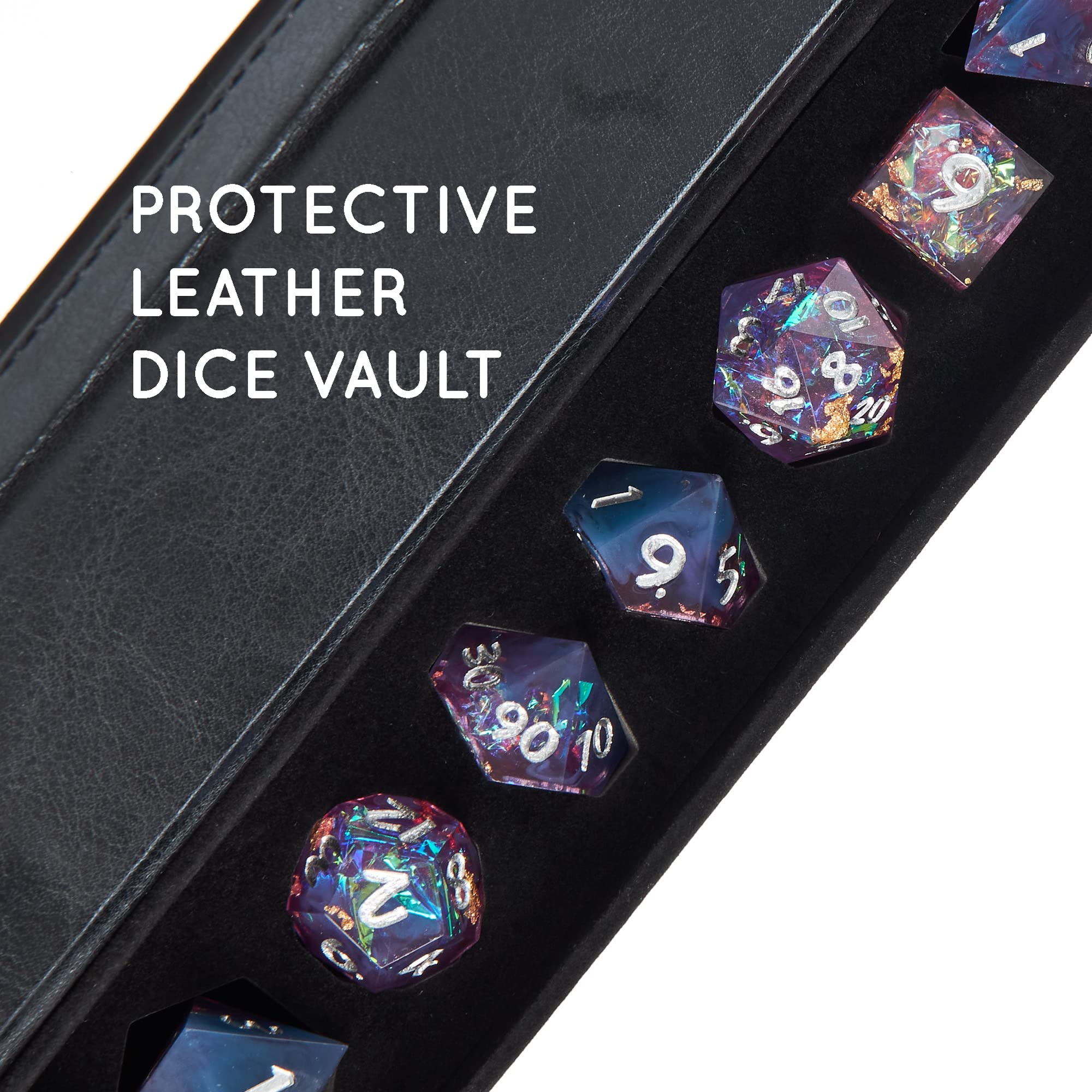 Dés polyédriques Sharp Edge dans un étui en cuir – Lot de 7 matrices en résine avec insert en aluminium arc-en-ciel – Coffre de protection – Accessoires et articles de collection TTRPG DND
