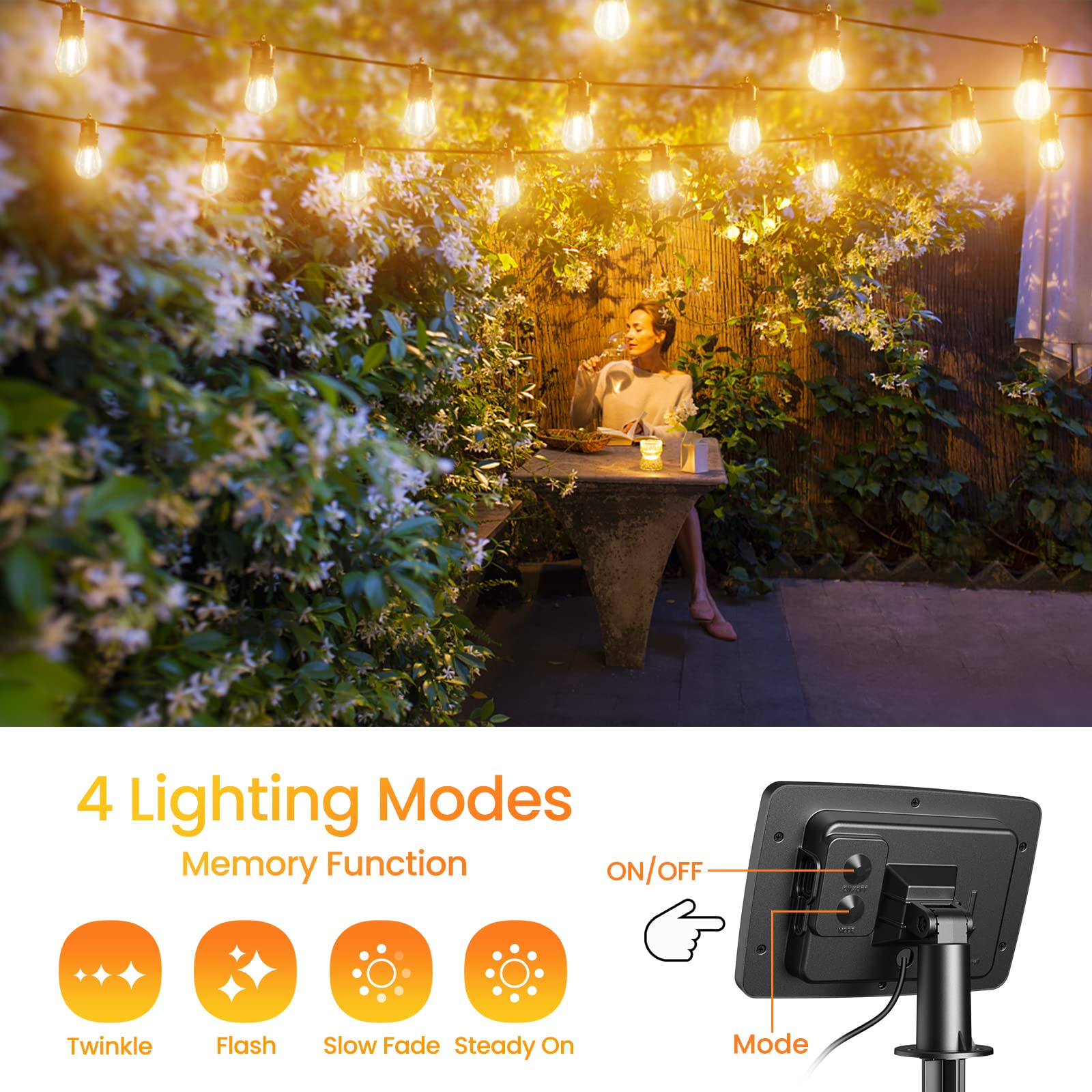 GlobaLink 10+1 LED 12,5M Catena Luminosa Esterno con Telecomando Dimmerabile, IP65 Cavo Solare per Esterni, Metodo di ricarica USB/Solar, 4 Modalità, di Luce LED per Giardino, Balcone, Terrazza