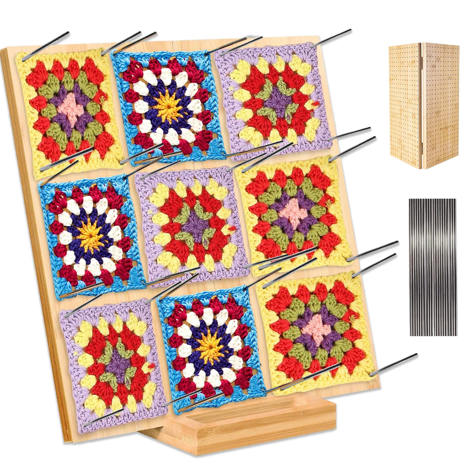 Cnwinu 13Inches Crochet Blocking Board,Granny Square Blocking Board with 20Pins,Crochet Accessories Gifts for Crocheters,Wooden Blocking Mats for Knitting Granny Squares,Lace,Hats