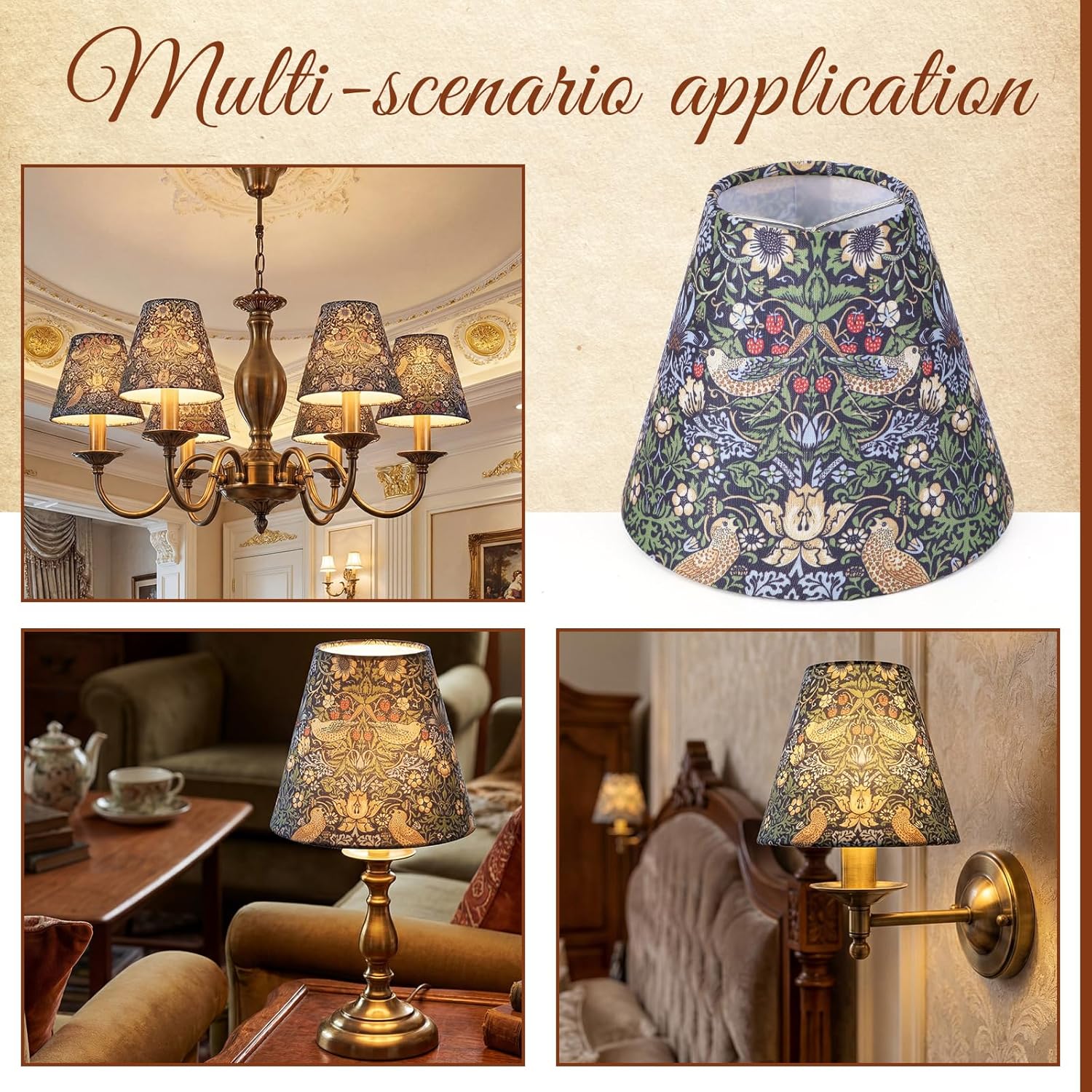 VIHOSE Set of 6 Clip-on Mini Chandelier Lamp Shades, William Morris Style Vintage Botanical Chandelier Shade for Candelabra Bulb, 2.95" x 5.91" x 5.12", Classic Decorative Lampshade