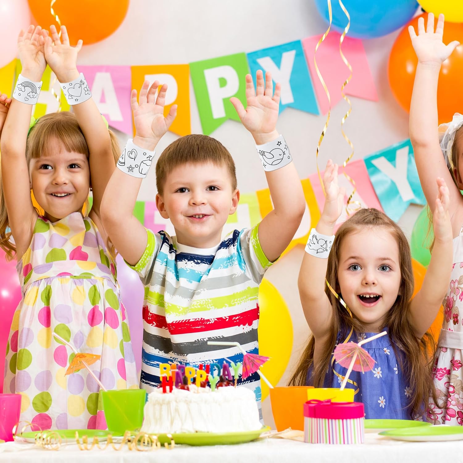 200 Pcs Coloring Cartoon Slap Bracelets Bulk White Slap Bands 8.7 x 1.2 Inch DIY Slap Bracelet for Kids Birthday Party Favors DIY Craft Classroom Craft Projects Prizes, 5 Styles