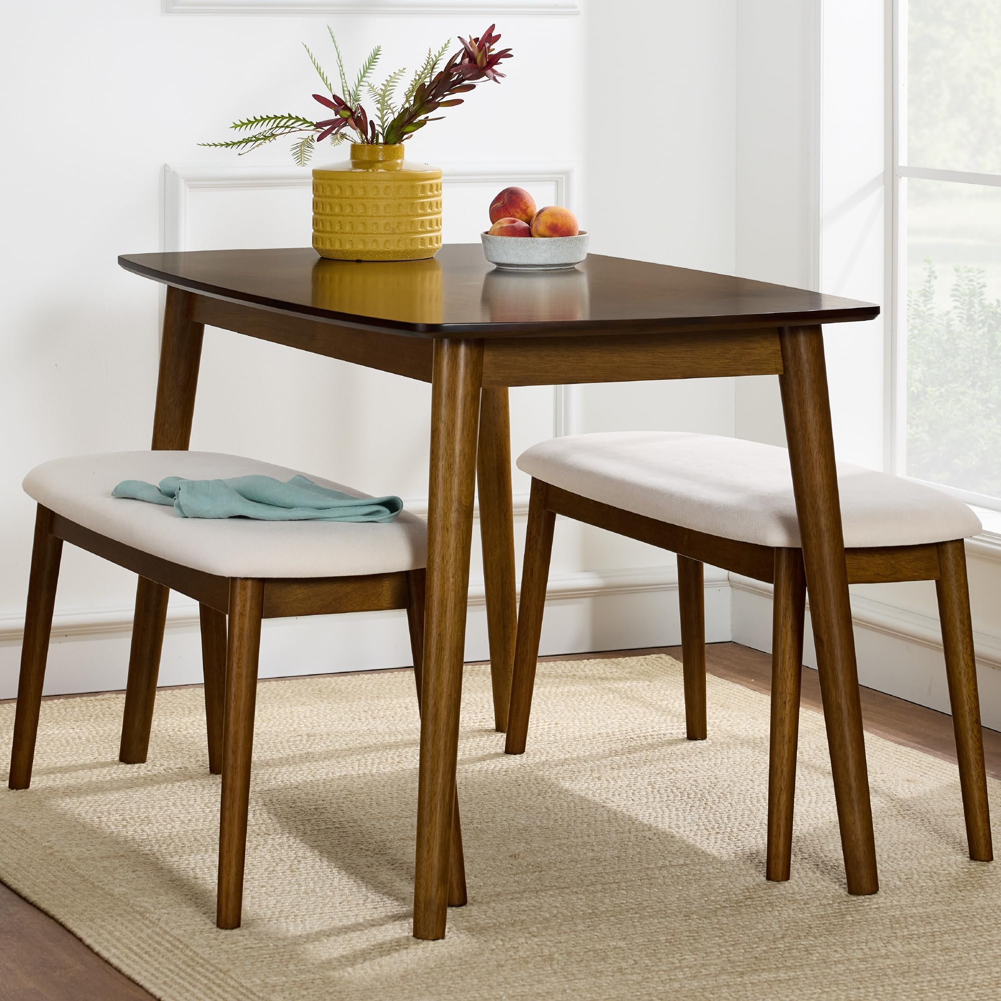 Best Choice Products 3-Piece Mid-Century Modern Wood Dining Kitchen Table & Chair Set w/ 2 Upholstered Bench Seats - Brown/Cream