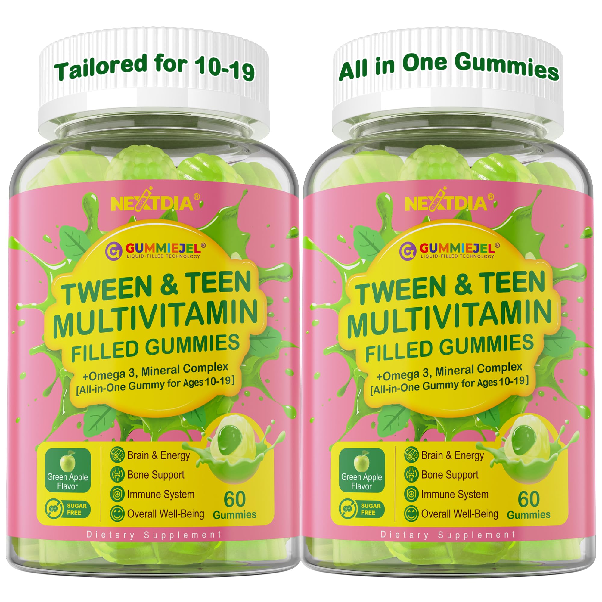 Multivitamin Filled Gummies for Teen Boys Girls 12-17, 18, 19, Kids 10+ Multivitamin with Omega 3, Iron + Magnesium + Zinc, Multi-Minerals for Adolescent 10-19S Brain, Bone, Energy, Immune, 2Pack