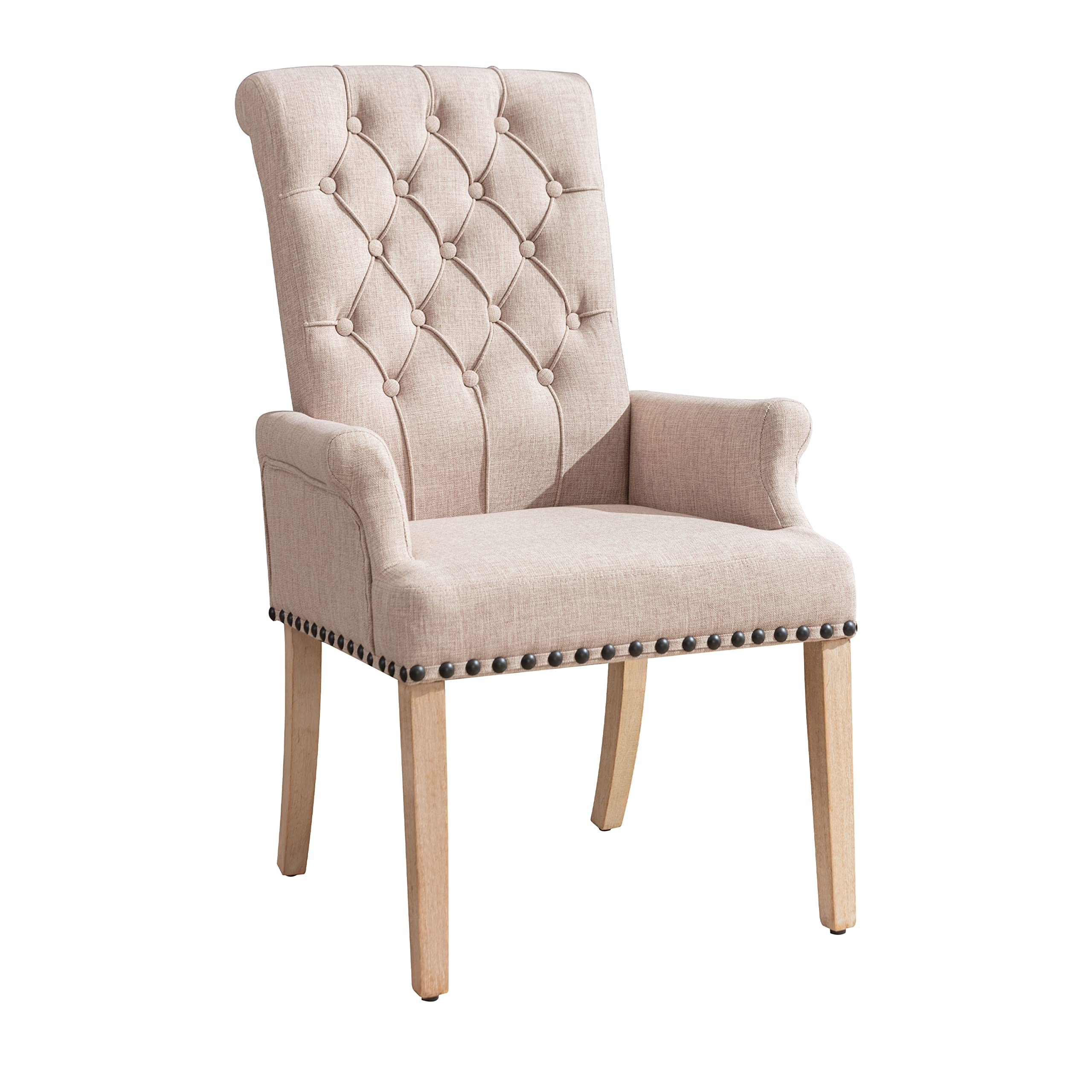 Dining Room Chairs with Arms,Tufted Upholstered High Back Nailed Trim with Untique Oak Wood Legs for Kitchen Restaurant Room Bedroom Ivory Brown