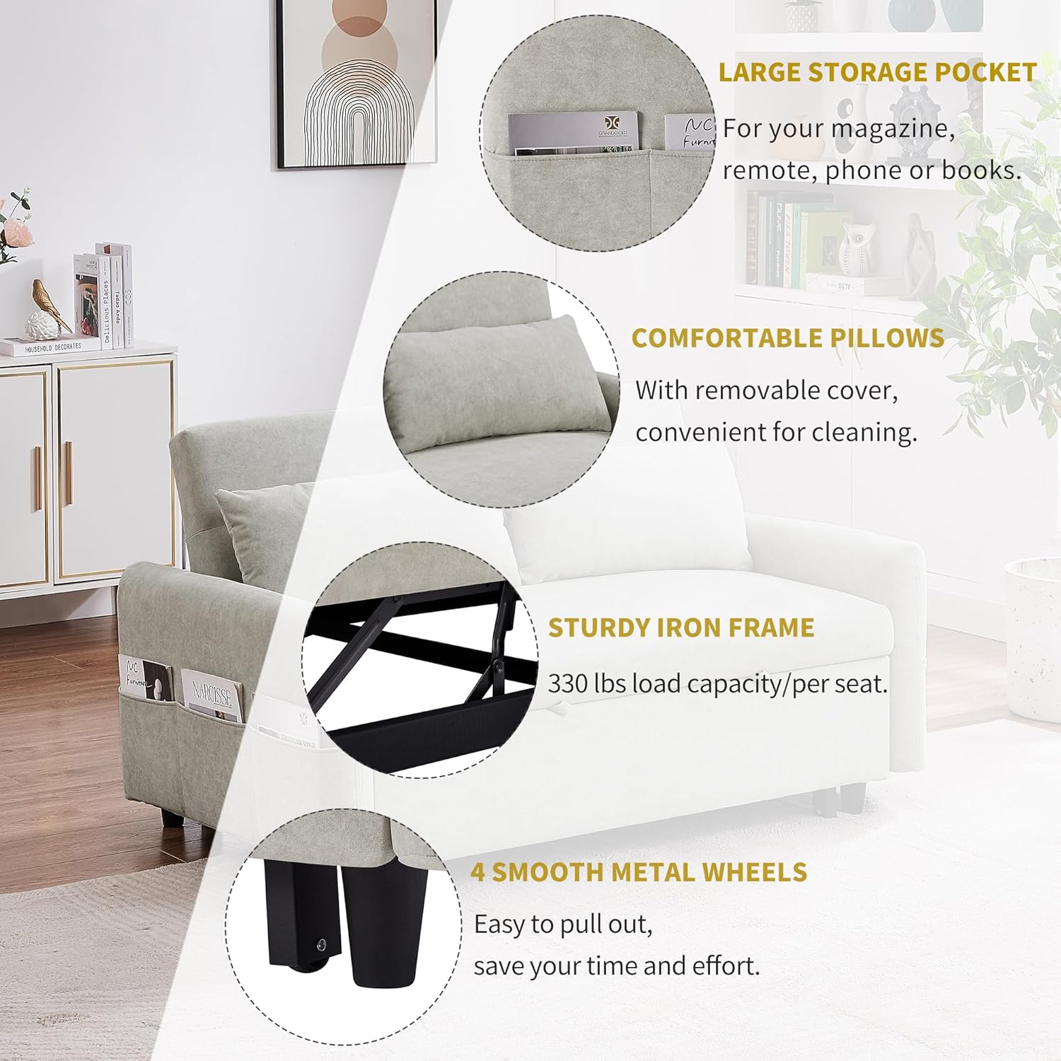 Merax 55.1" W Convertible Sofa Bed with Adjustable Backrest,2 Pillows,USB Ports and 6 Storage Side Pockets,Pull-Out Sleeper Sofabed Microfiber Loveseat Couch for Living Room, Bedroom, Apartment,Beige