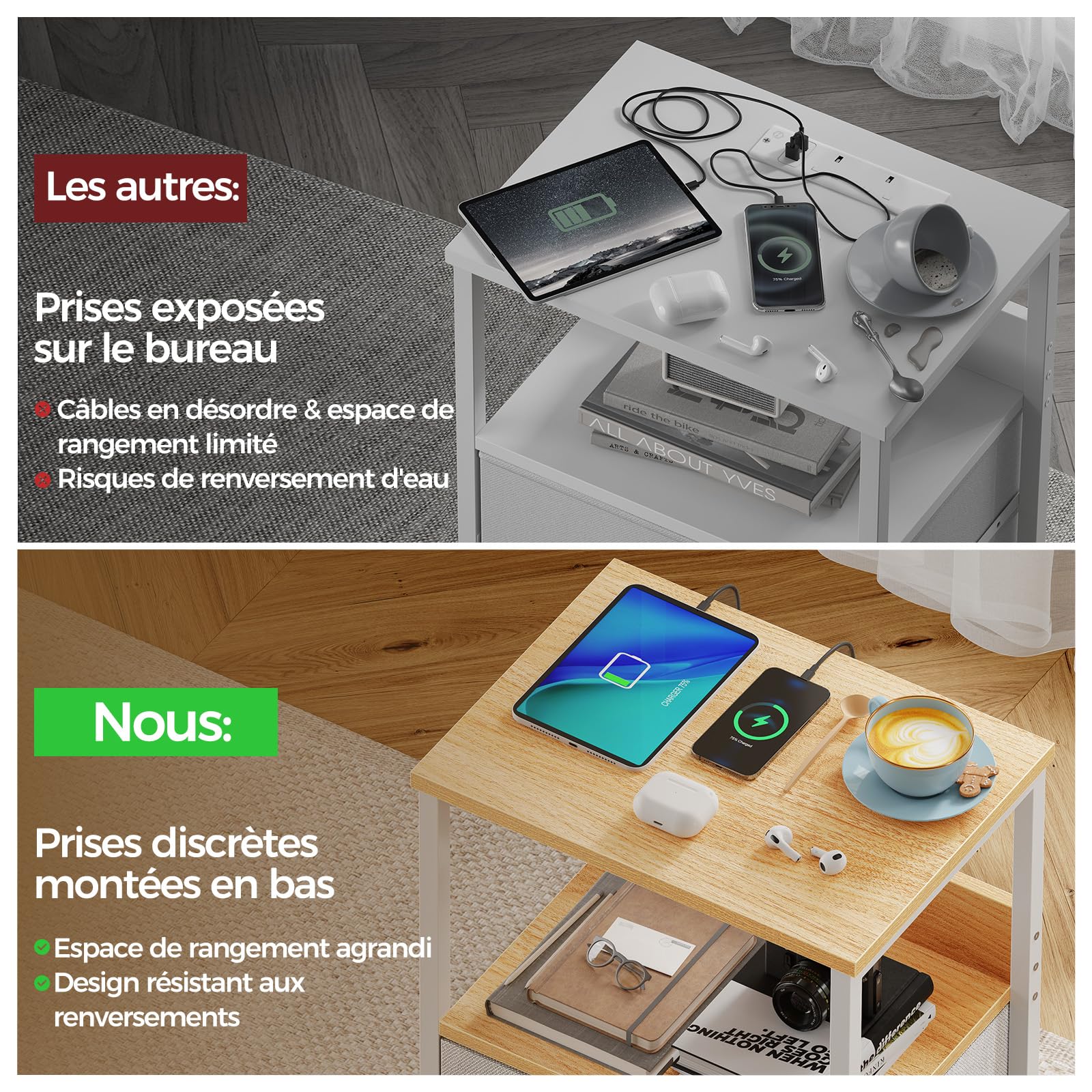 Seventable Table de Chevet avec Prise USB et 2 tiroirs - Table de Nuit connectée avec éclairage LED pour Chambre à Coucher, Salon ou canapé (Chêne Clair, Lot de 2)