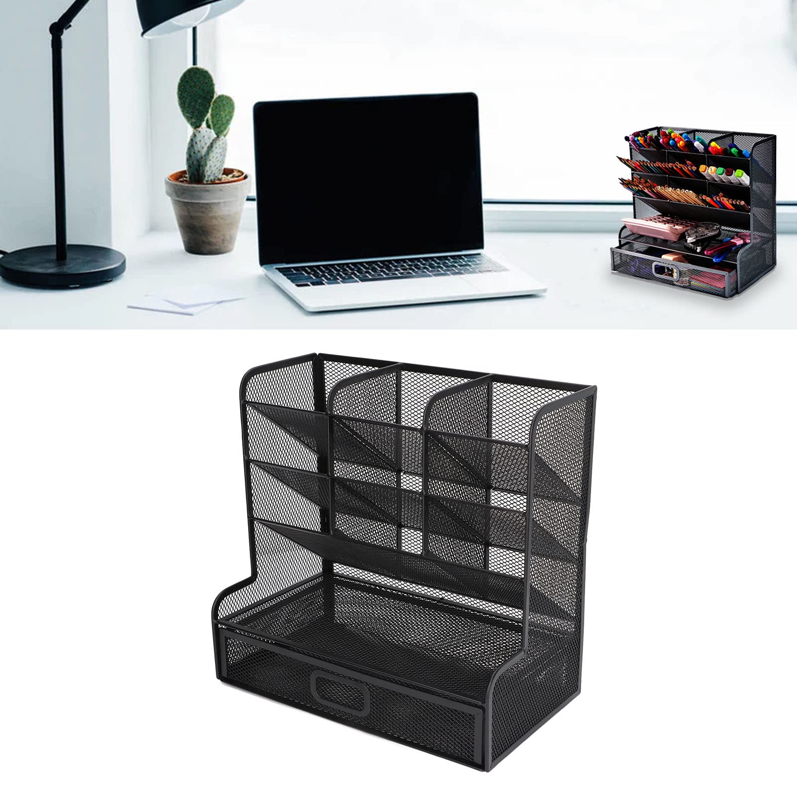 Organizer da scrivania in rete, design inclinabile 9 scomparti Cassetto inferiore Organizer da scrivania per ufficio Caddy stazionario in metallo Portapenne in rete con prospettiva
