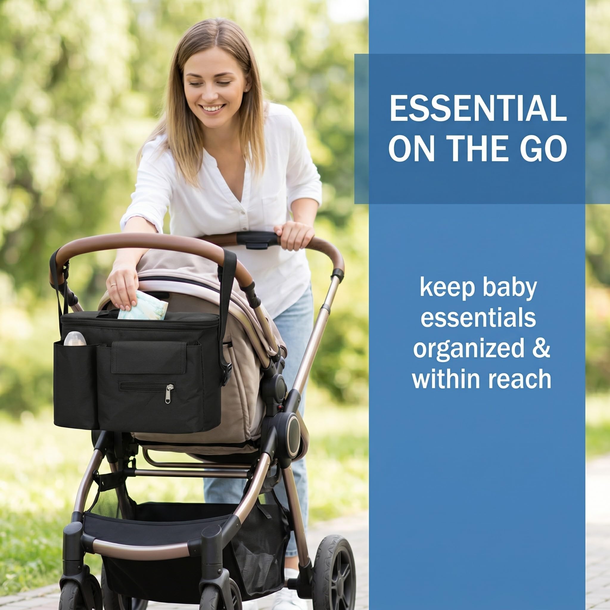 Bolsa carro bebe, bolsa universal para cochecito con compartimento con cremallera y correa ajustable para el hombro, práctica bolsa para guardar pañales, biberones y teléfonos inteligentes.