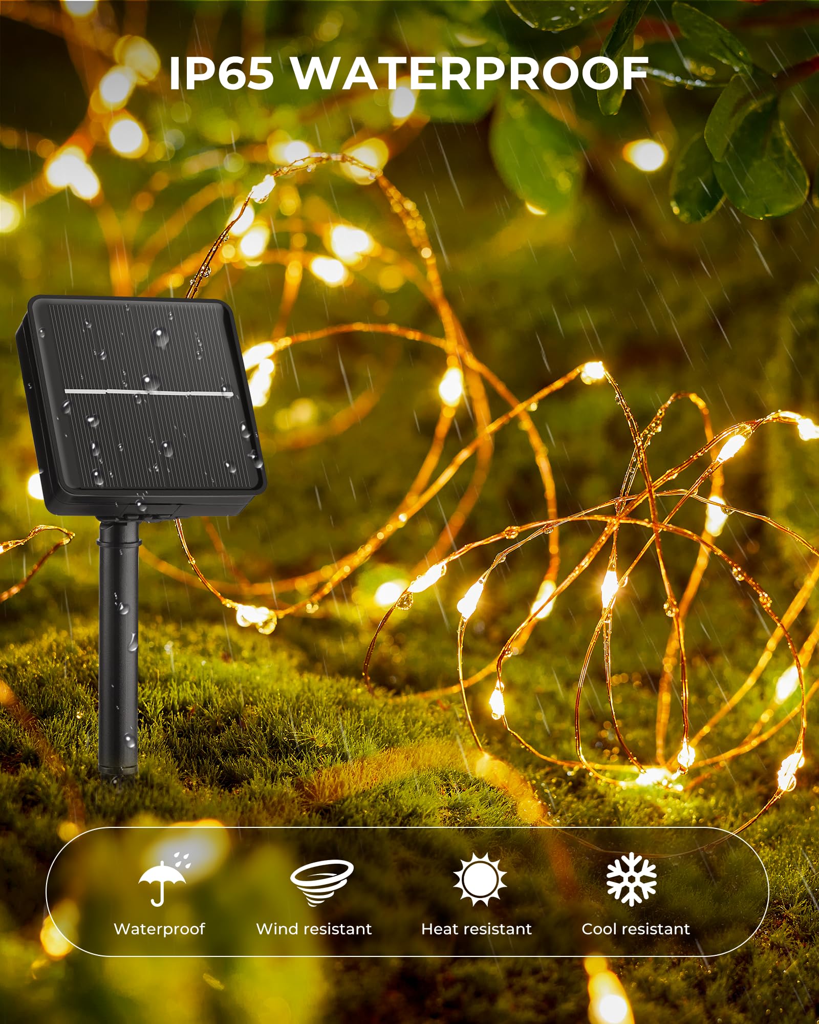 Minetom Guirnalda de luces solares, 4 paquetes en total de 400 luces LED solares de hadas de 132 pies, luces solares impermeables para exteriores, patio, árbol, boda, Navidad, blanco cálido