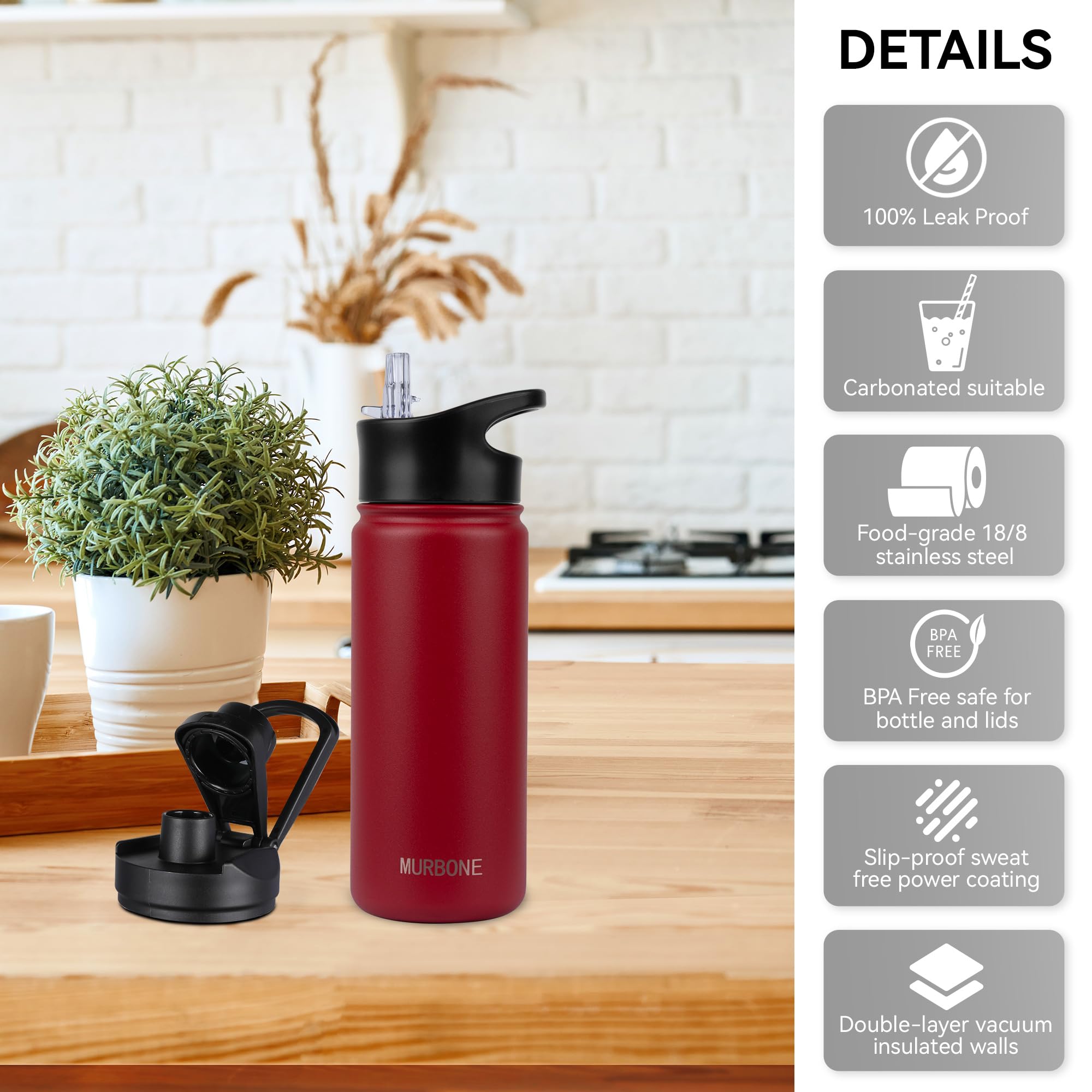 MURBONE Insulated Water Bottle, 500ml Stainless Steel Drink Flask with Straw, BPA Free - Image 4