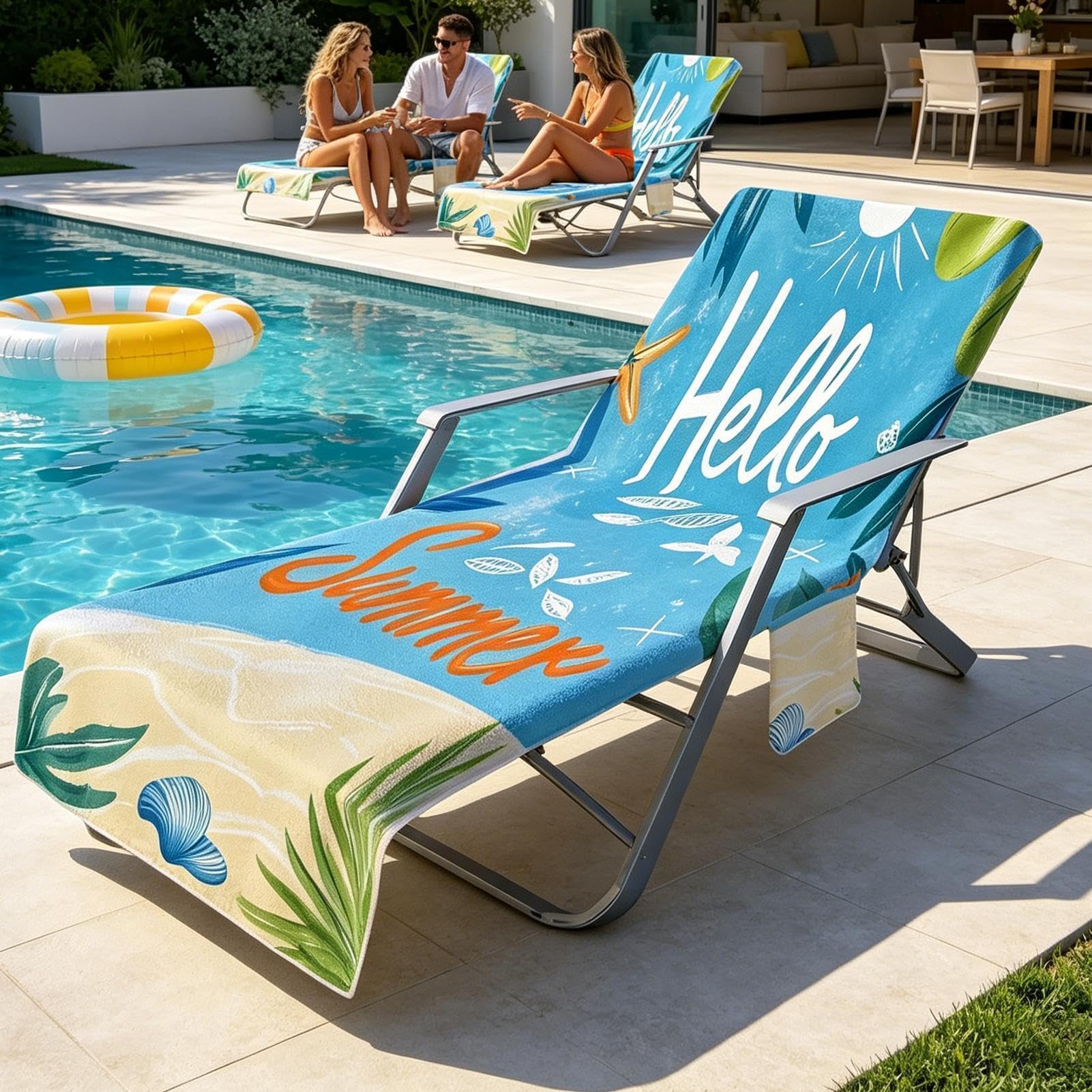Pokrowce na krzesła przy basenie, 200 x 65 cm, mikrofibra, szybkoschnący, składany, ręcznik do salonu basenowego z kieszeniami bocznymi, na patio, do hotelu, na plażę, do opalania, przy basenie