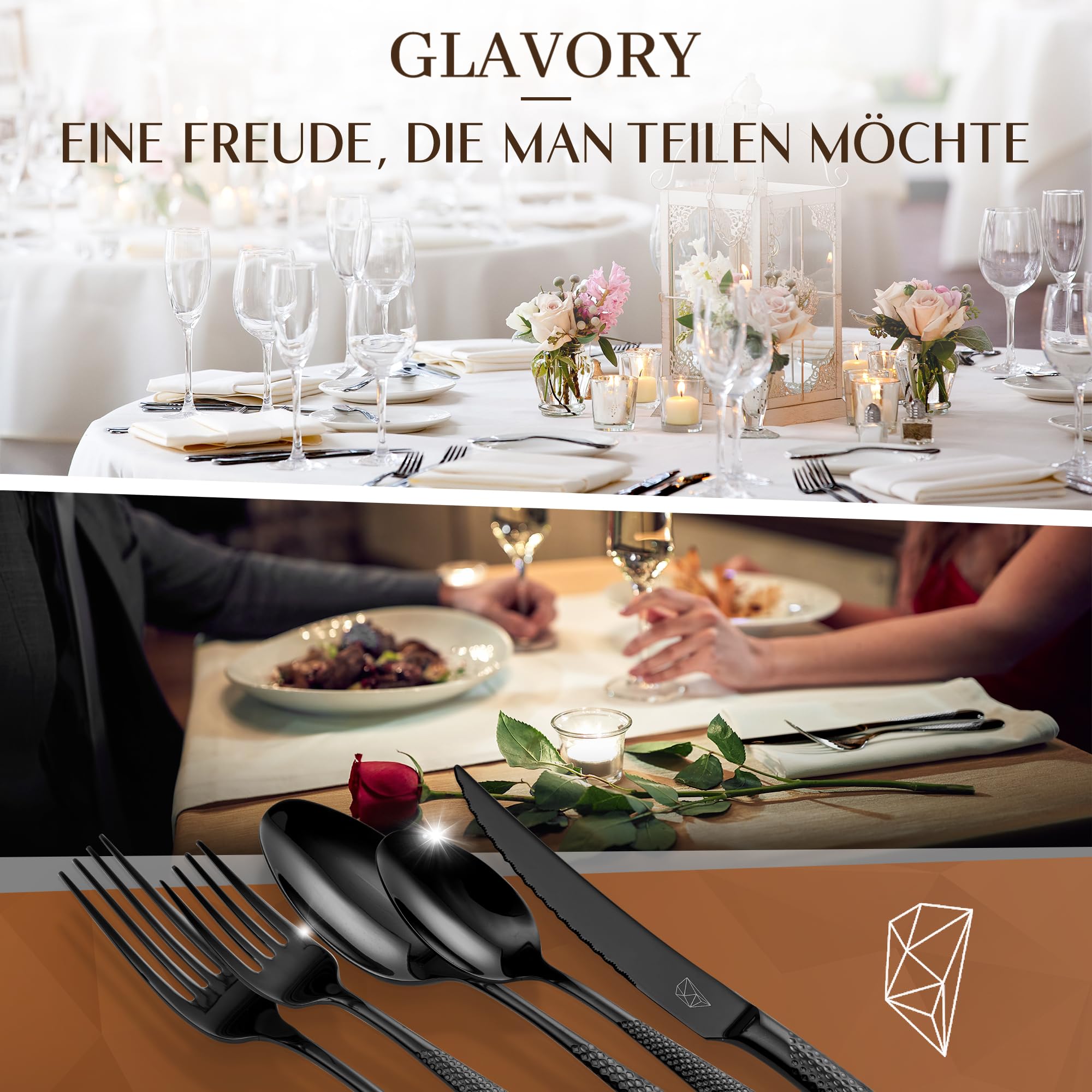 Glavory Aurora - Besteck Set Schwarz gestanzt - Besteck für 6 Personen 30teilig - rostfreier 18/8 Edelstahl - schwarzes Besteck spülmaschinenfest mit edler Verpackung - 2 in 1 Steakmesser