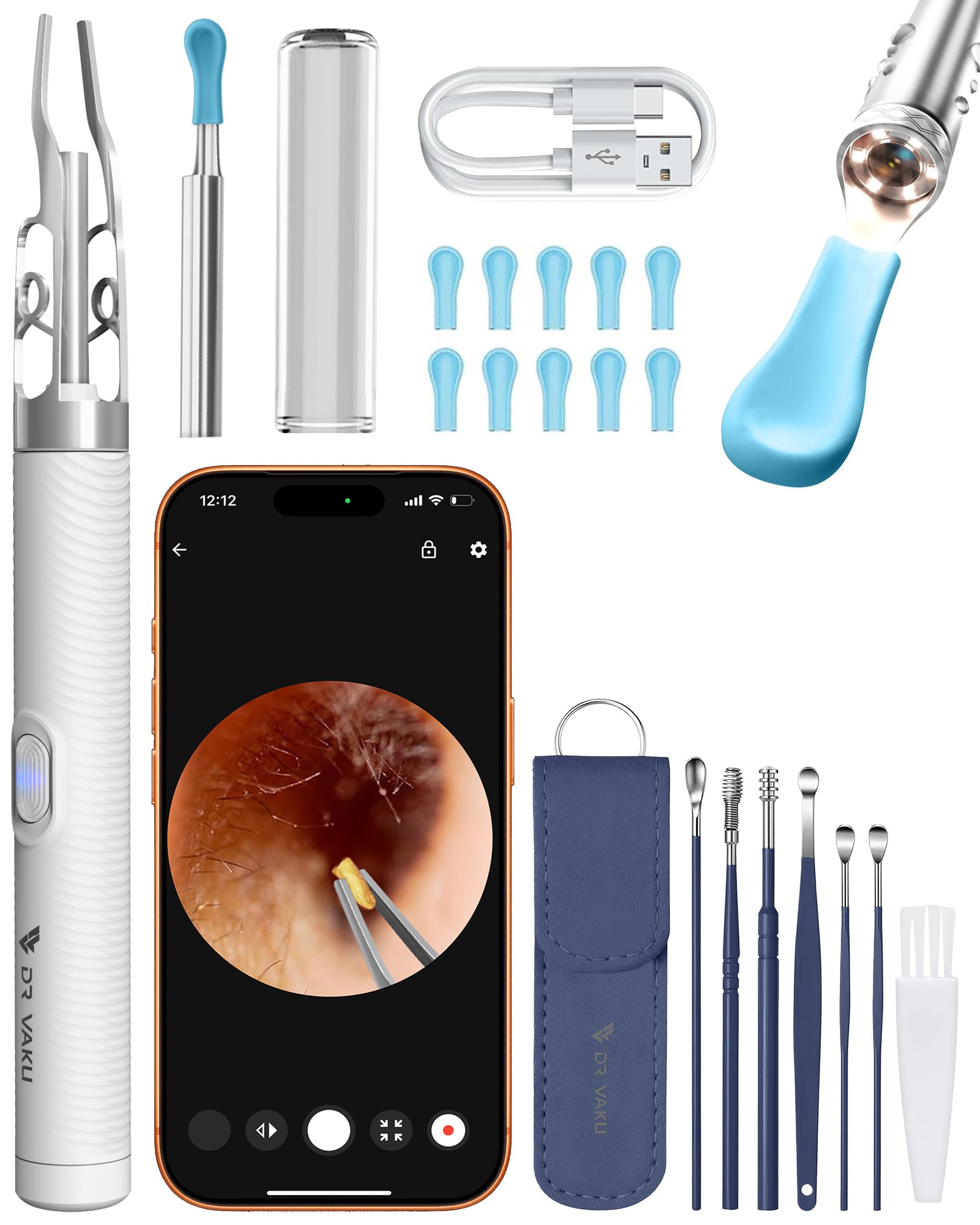 DR VAKU® CLENZIO PRO Earocam Earwax Removal Tool with Forceps & Extra Cleaning Kit (Set of 7) HD Camera Wifi Connection 6 LED Lights Endoscope Tool Ear Cleaner for iOS & Android + 11 Silicone Tips Free- White