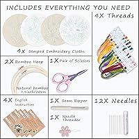 Vista 2 de Bonroy 4 juegos de kit de bordado para principiantes de manualidades artísticas de costura fácil incluye ropa de bordado con patrón, aro, manual