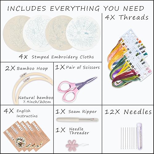 Miniatura 2 de Bonroy 4 juegos de kit de bordado para principiantes de manualidades artísticas de costura fácil incluye ropa de bordado con patrón, aro, manual