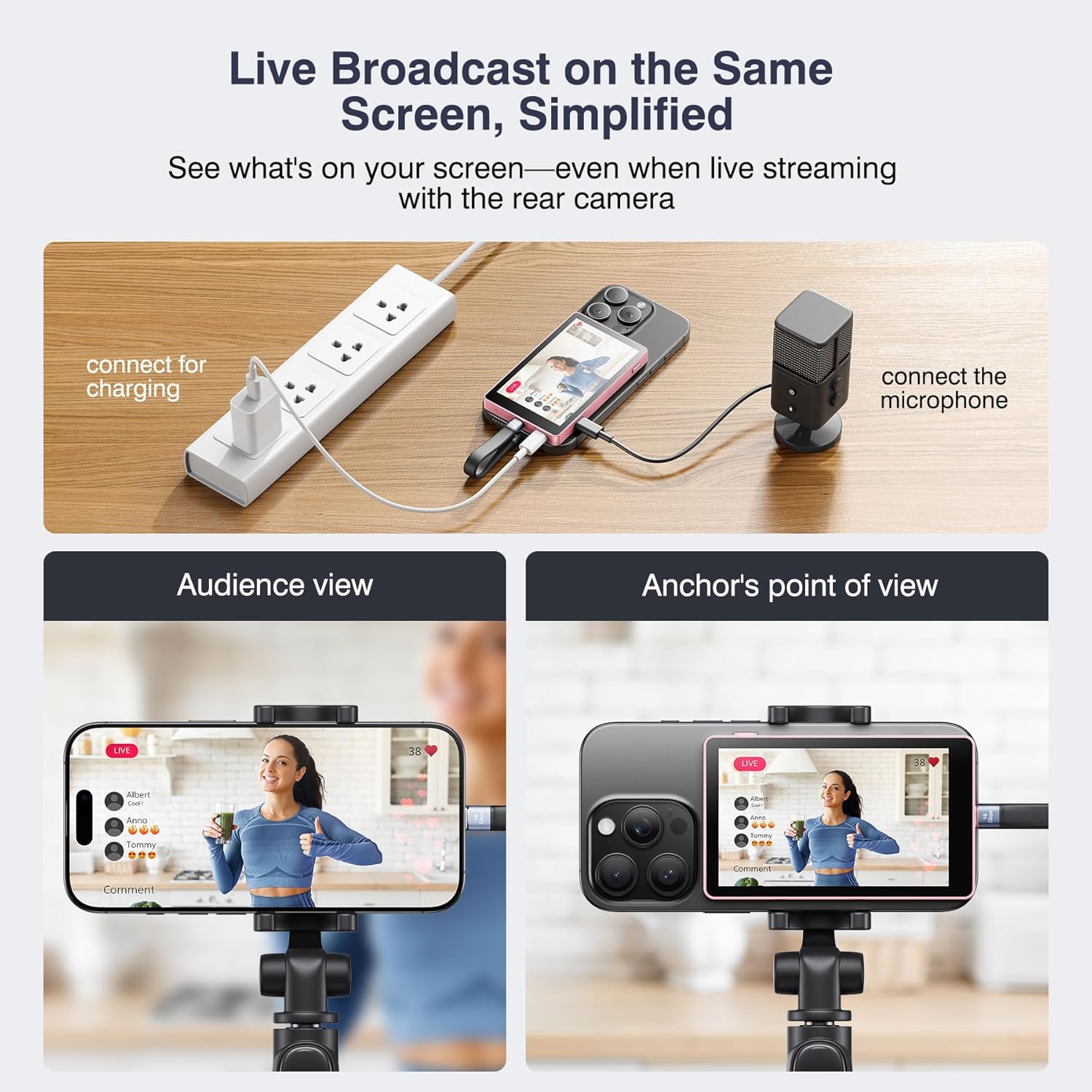 Vlog Selfie Monitor Screen, Magnetic Phone Vlog Selfie Monitor Screen 4K 60fps Bluetooth Remote, Back Camera Monitor for Vlog Live Stream TikTok, Compatible with iPhone & Android - Pink