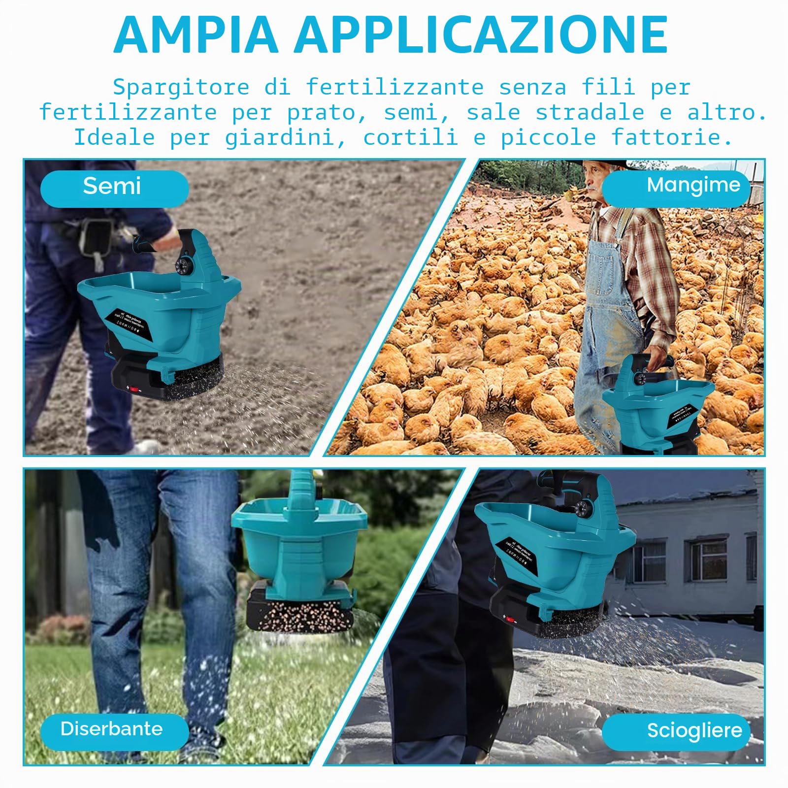 Spandiconcime a Batteria, Spandiconcime Elettrico per Prato con Regolazione Della Velocità a 6 Livelli, 3,3 Litri, Copertura di 800 m², Spandiconcime per Semi Include 2 Batteria e Caricabatteria