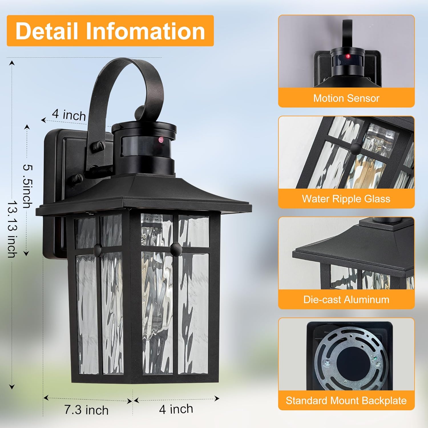 Motion Sensor Outdoor Wall Lights 2 Pack, Aluminum Dusk to Dawn Exterior Light Fixtures with Ripple Glass, 3 Lighting Modes Black Outdoor Wall Lantern Sconce for Garage, House, Patio