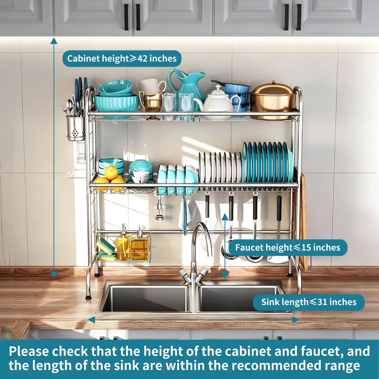 HOWDIA Escurridor de Platos sobre el Fregadero, escurridor Grande de Acero Inoxidable de 2 Niveles con Soporte para Utensilios, escurridor de Platos para encimera de Cocina