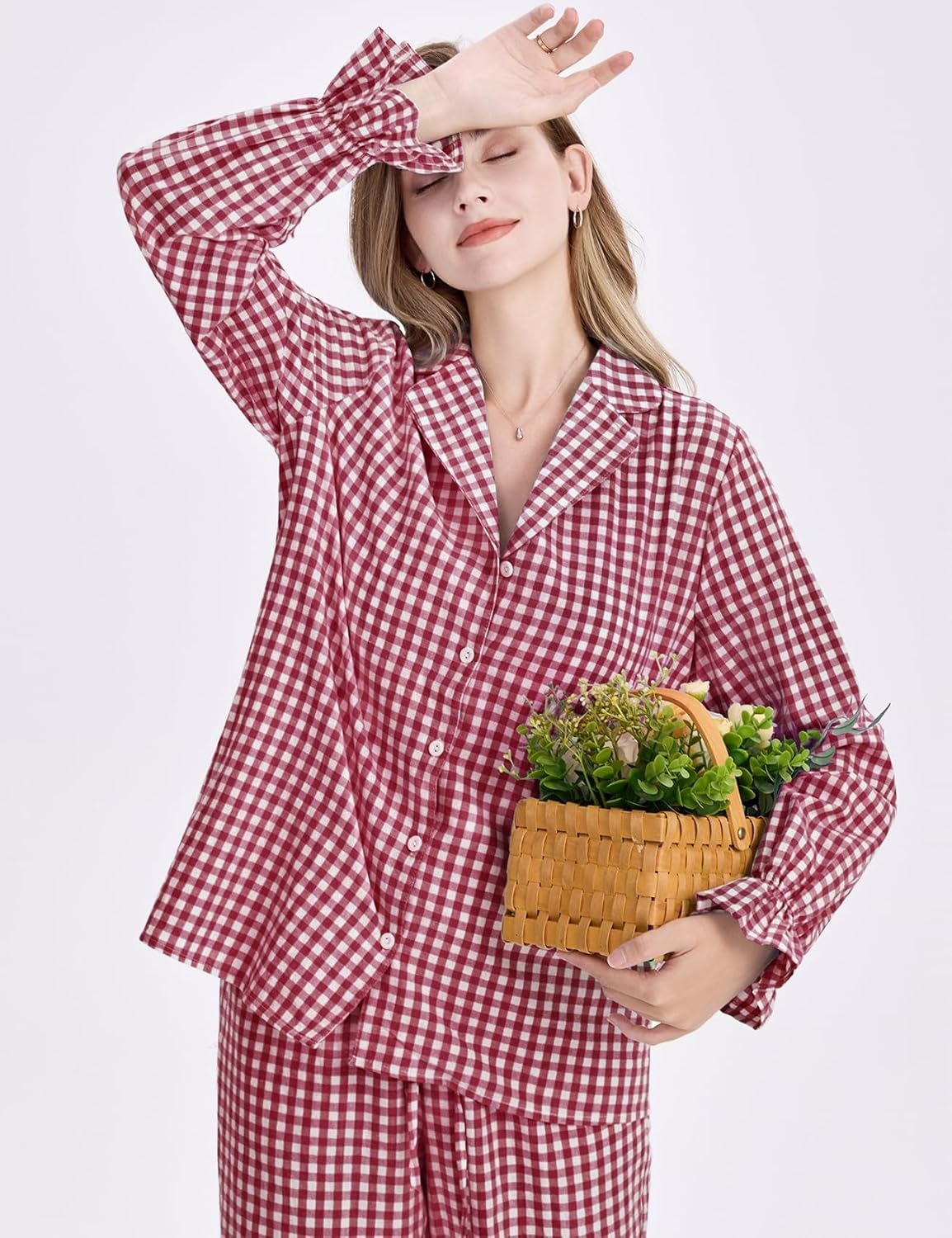 Flygo Womens Gingham Pajamas Sets Cotton Plaid Pjs Ruffled Sleeve Button Down Shirt Pants Y2k 2 Piece Lounge Set - Image 4