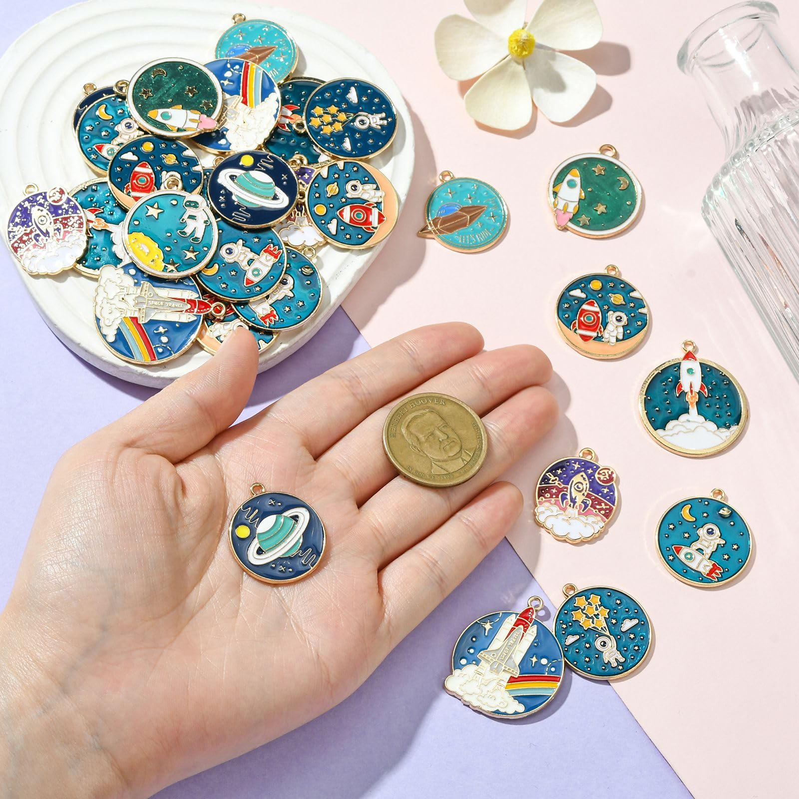Stiesy 40Pcs 10 Styles Enamel Space Charms Astronaut Spacecraft Pendant Charm Universe Planet Rocket Dangle Charms for Jewellery Making DIY Bracelet Crafting - Image 3