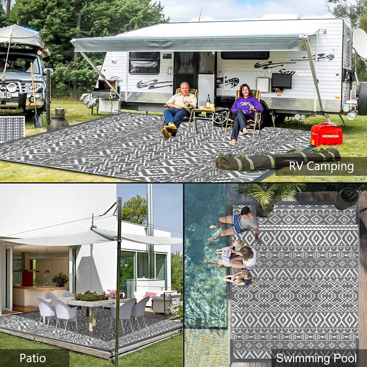 Tappeto da esterno per terrazze, 180 x 270 cm, impermeabile, reversibile e facile da pulire, in plastica riciclata, resistente ai raggi UV, per camper, campeggio, picnic, barbecue, balcone,