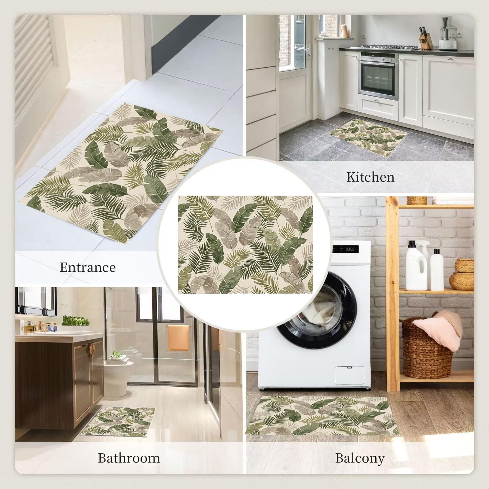 Zerbino Trappola Sporco Foglie Tropicali Retrò, 90X150Cm, Tappetino Antiscivolo Lavabile Eleganti Piante Da Campagna, Zerbino Interno Morbide Assorbenti Per Corridoio Ingresso Porta, Beige